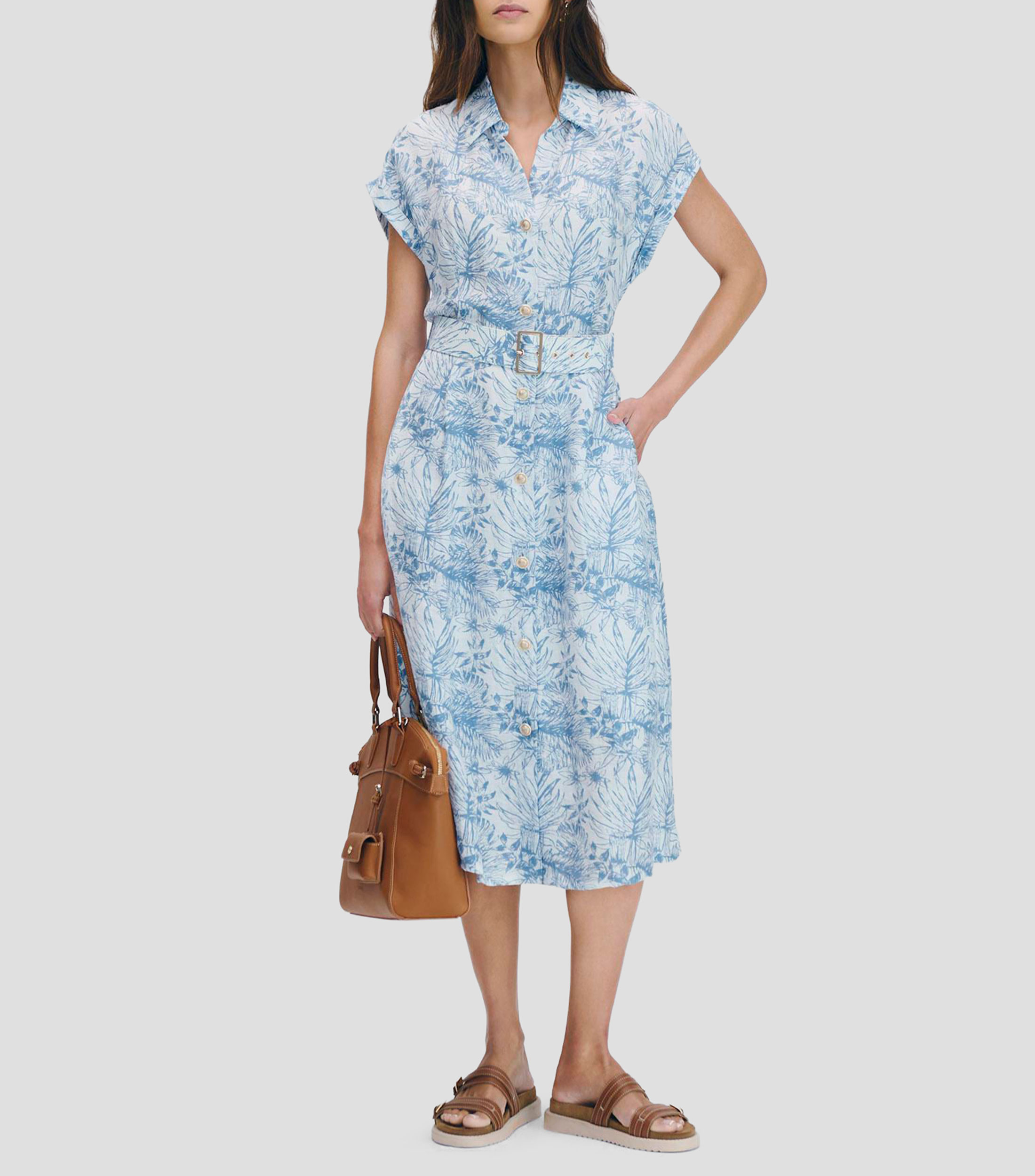 Vestido Camisero Midi De Lino Estampado Tropical Mujer