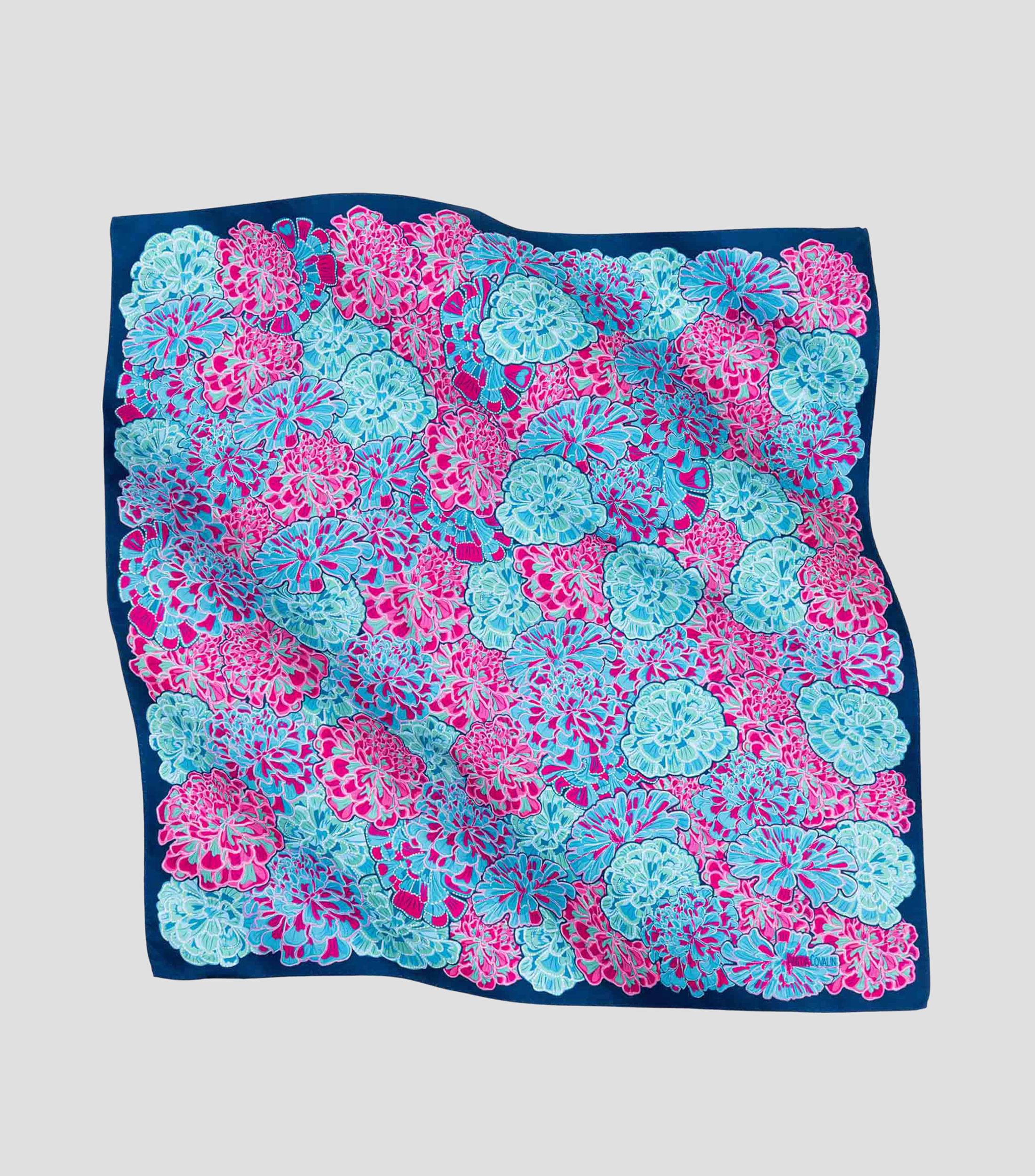 Mascada de seda rosa con aqua y flores de cempasúchil Mujer