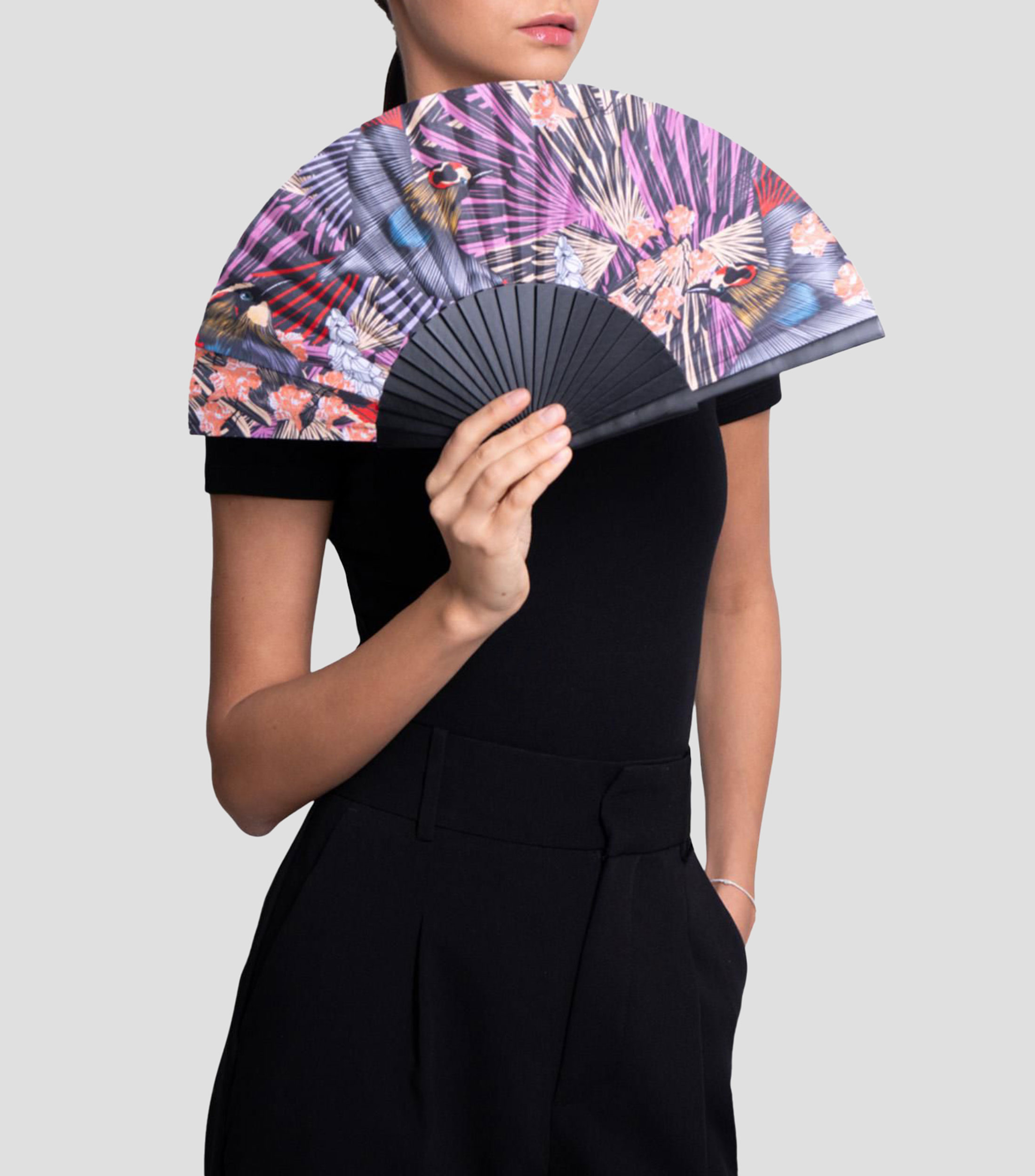 Abanico morado estampado Torogoz Mujer
