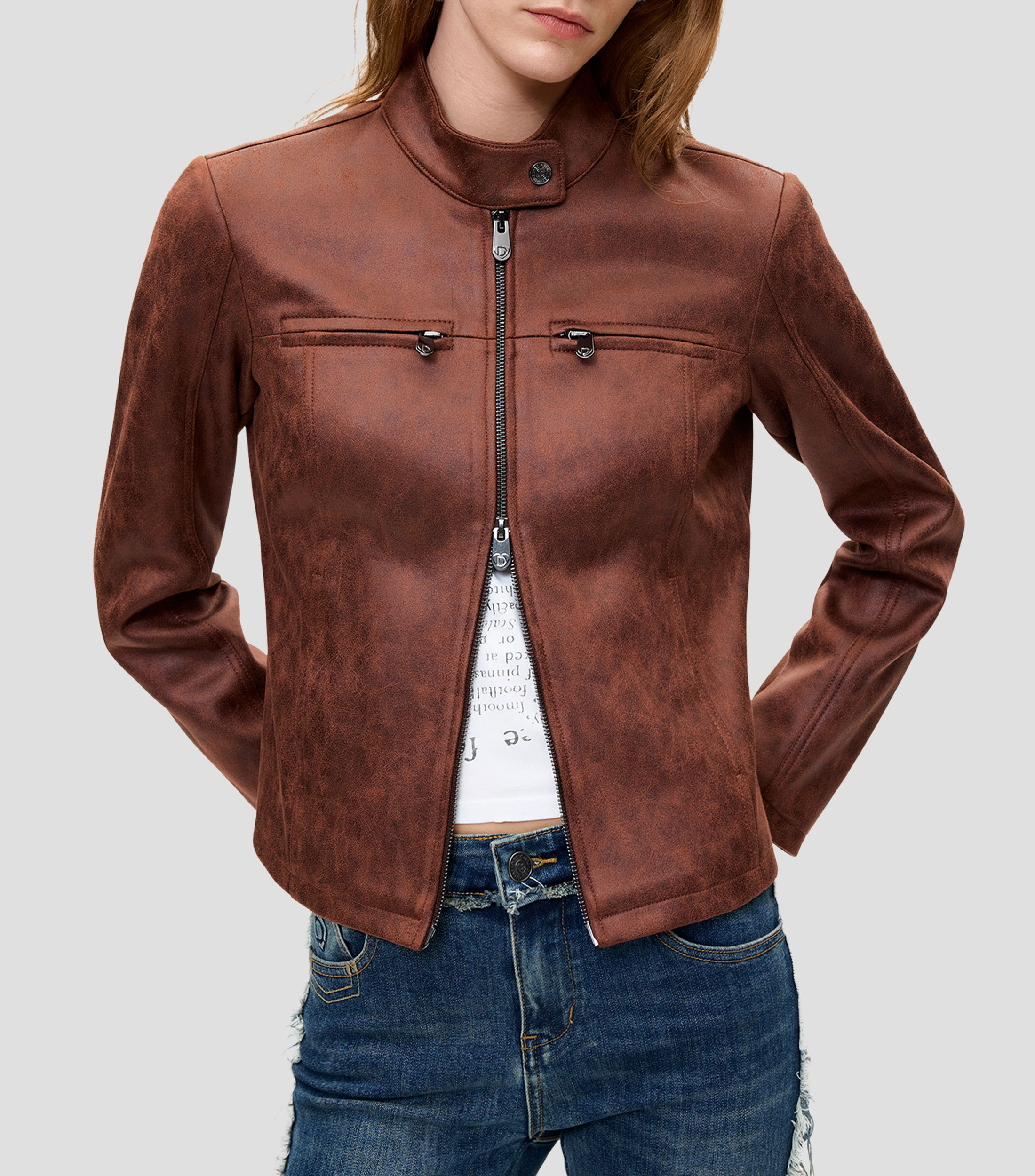 Chamarra de piel con cuello redondo Mujer