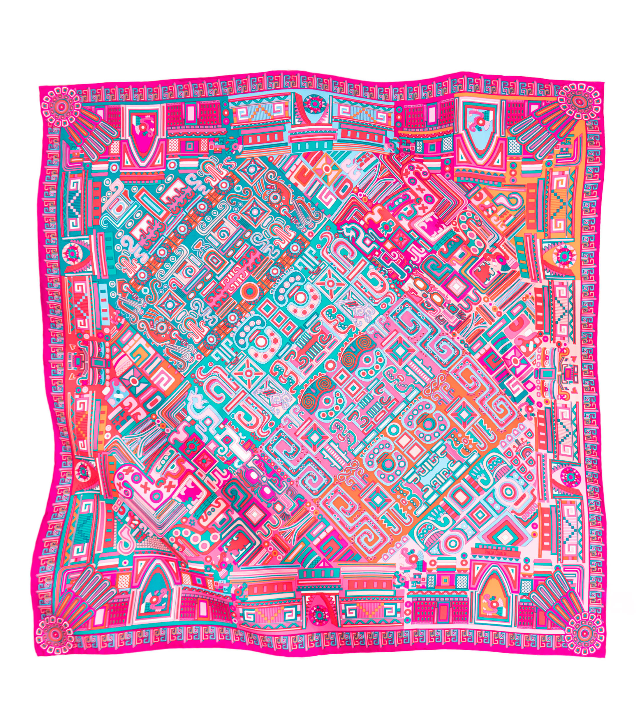 Mascada de seda fucsia con decorado prehispánico Mujer
