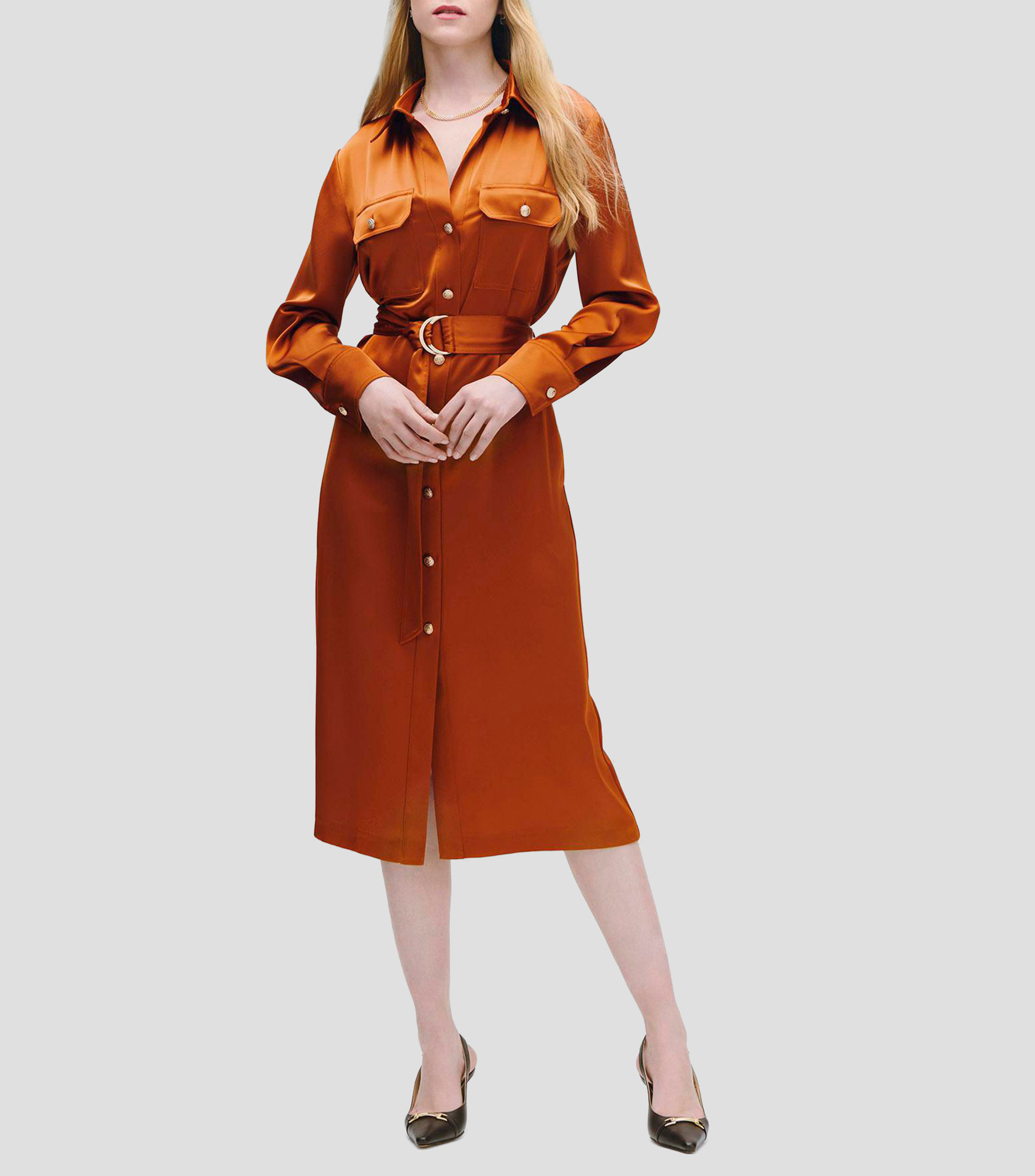 Vestido Midi Camisero De Satín Con Textura Con Banda Mujer