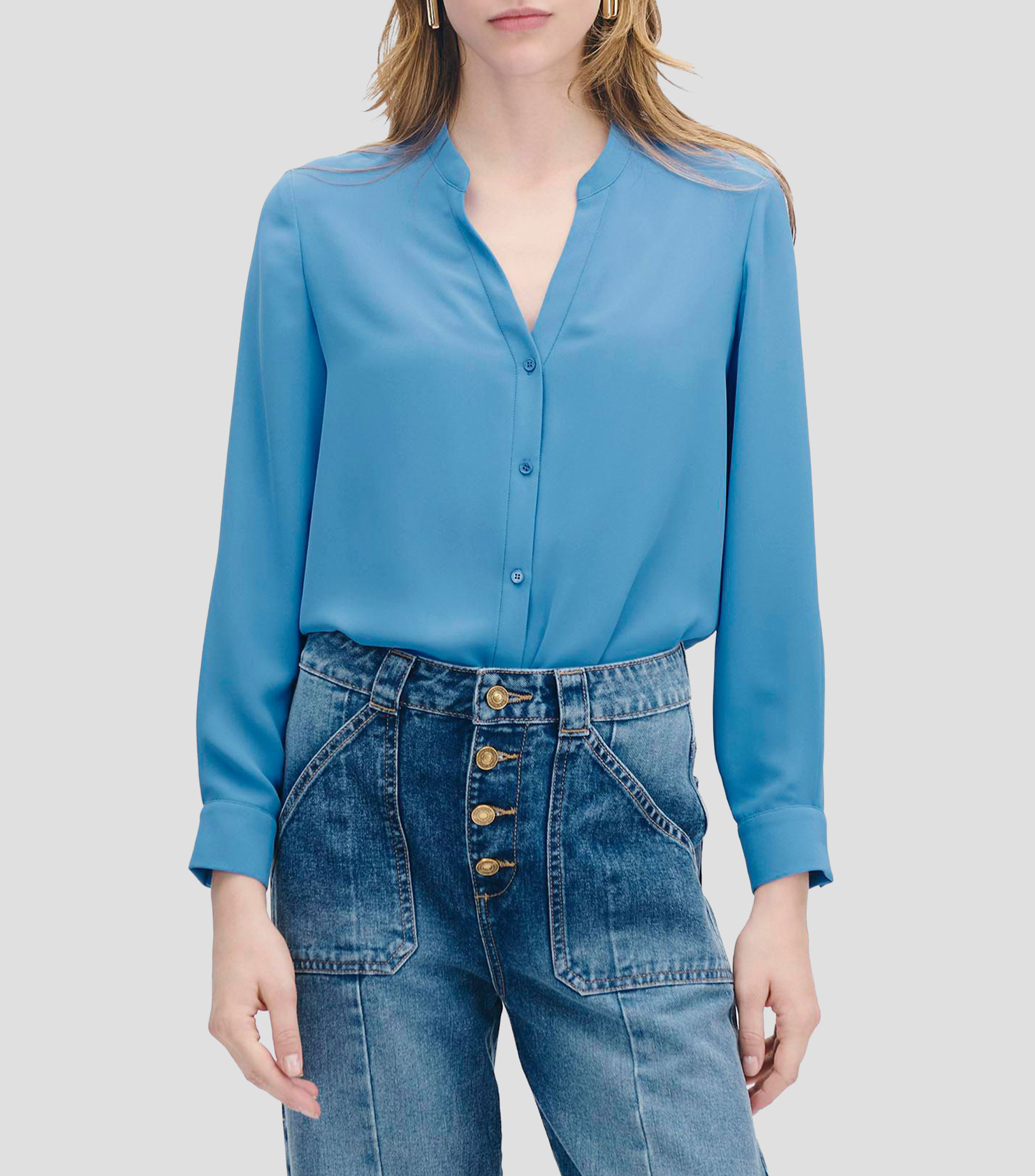 Blusa Azul Azulino Cuello Mao Escote V Mujer