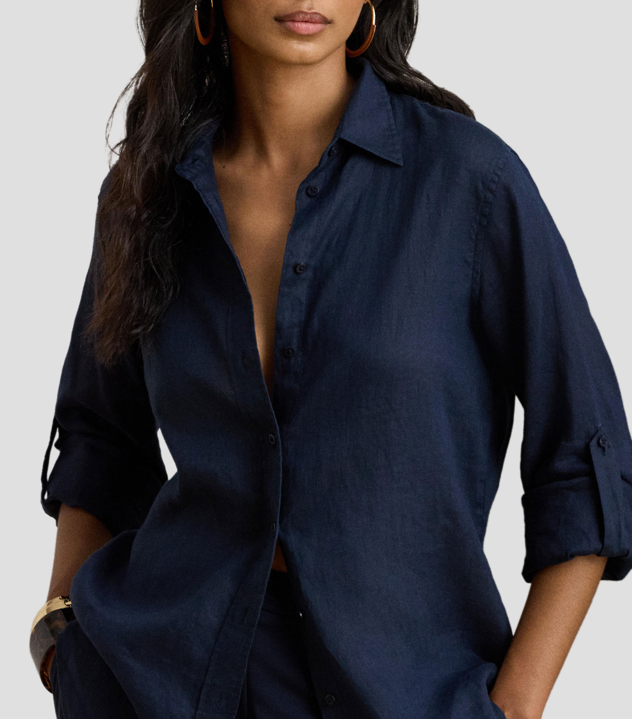 Camisa lisa de lino manga larga Mujer