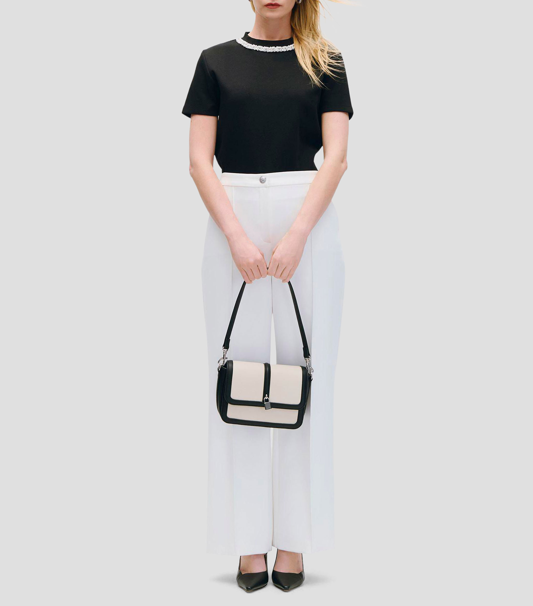 Pantalón wide leg tiro alto con costilla Mujer