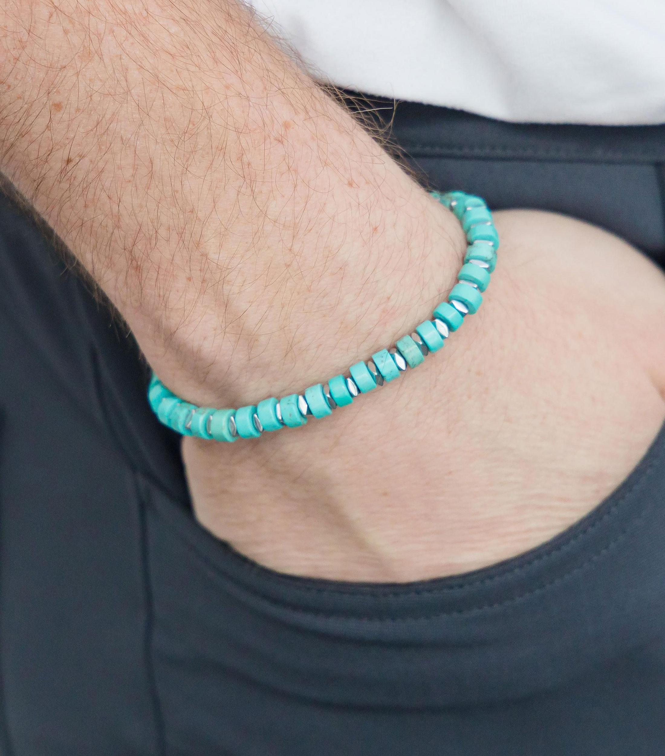 Pulsera en plata 925 azul turquesa con cuentas cilíndricas Hombre