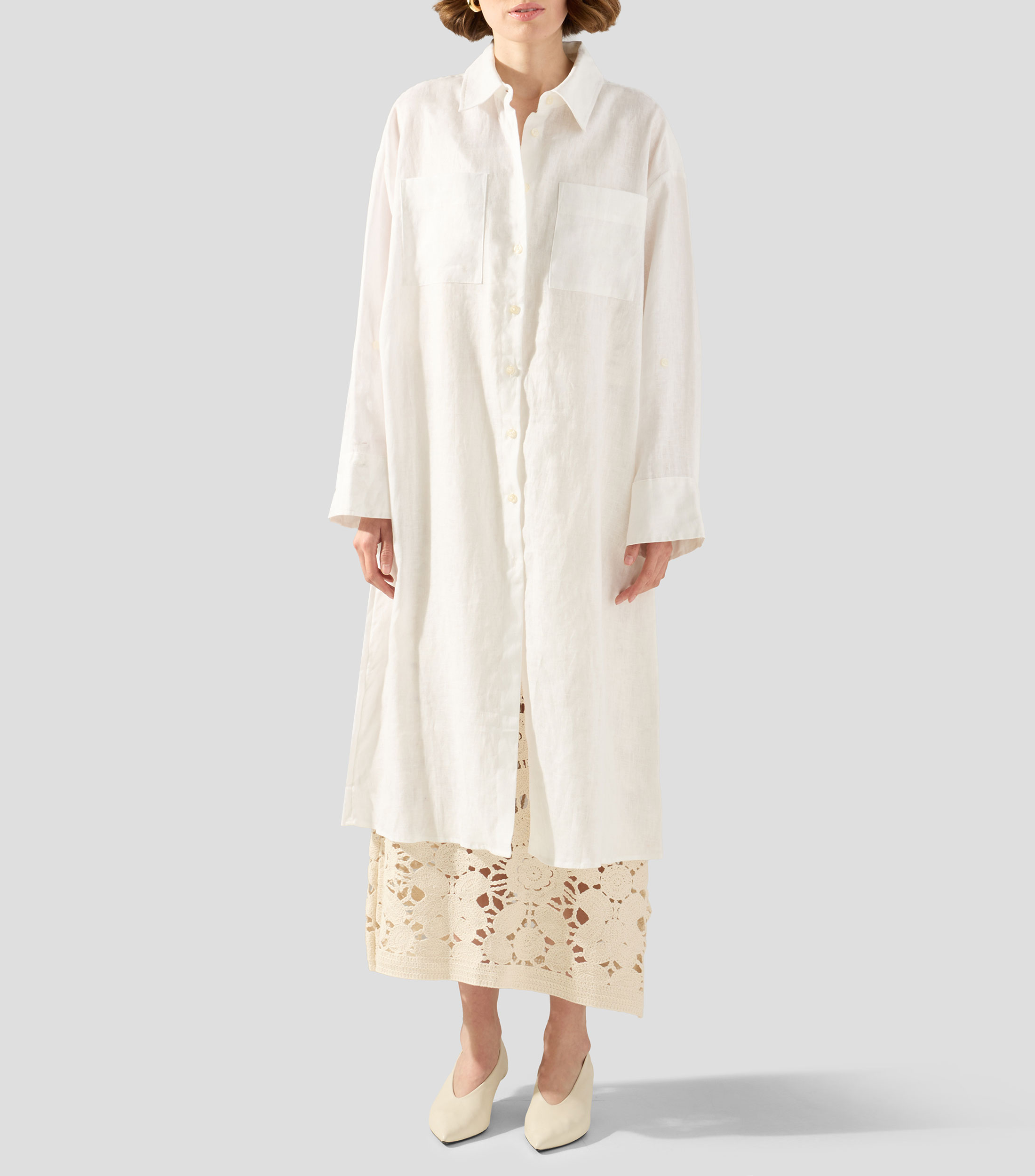 Camisa larga lisa en lino con manga larga Mujer