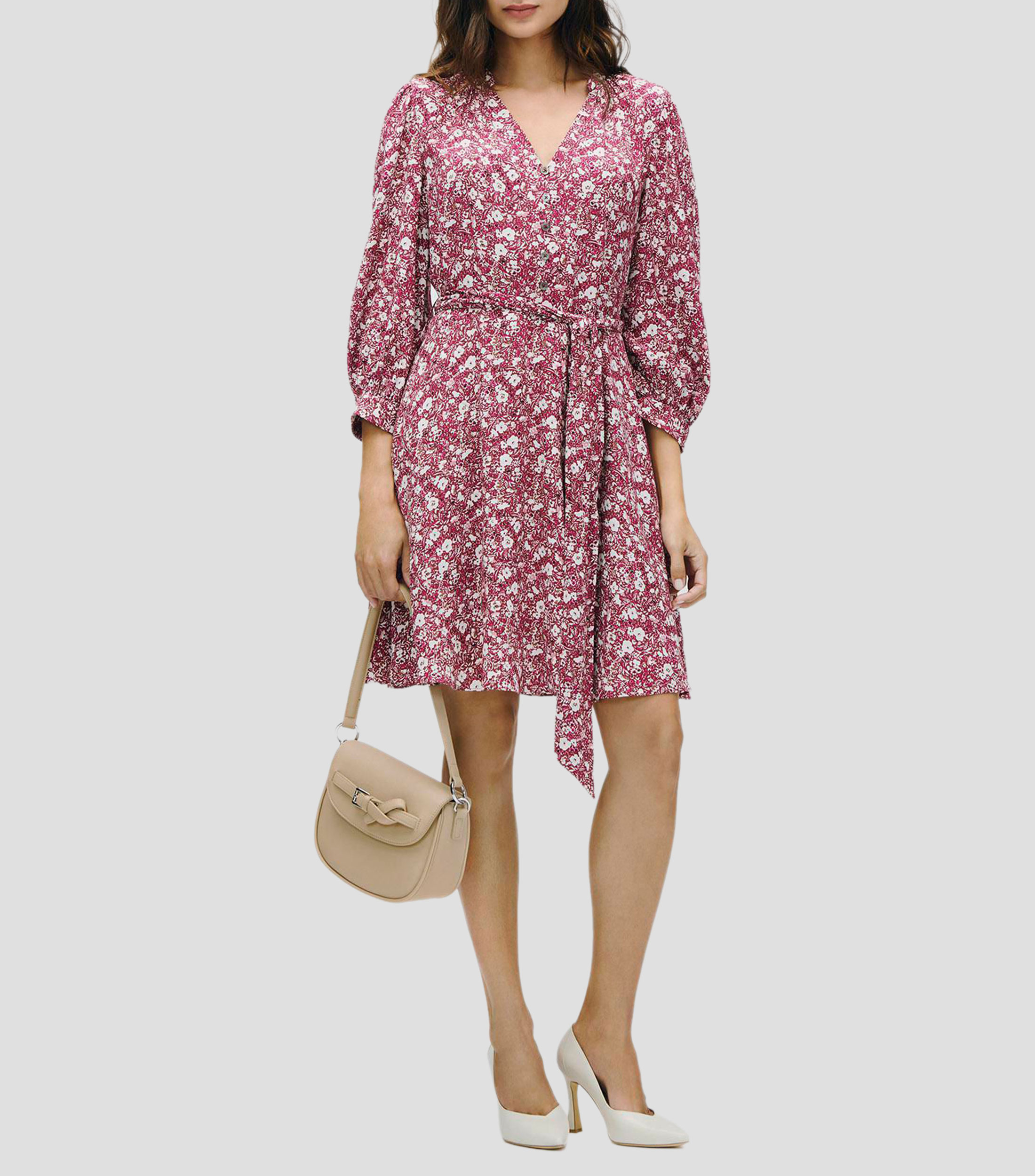 Vestido fit and flared fucsia estampado floral manga 3/4 Mujer