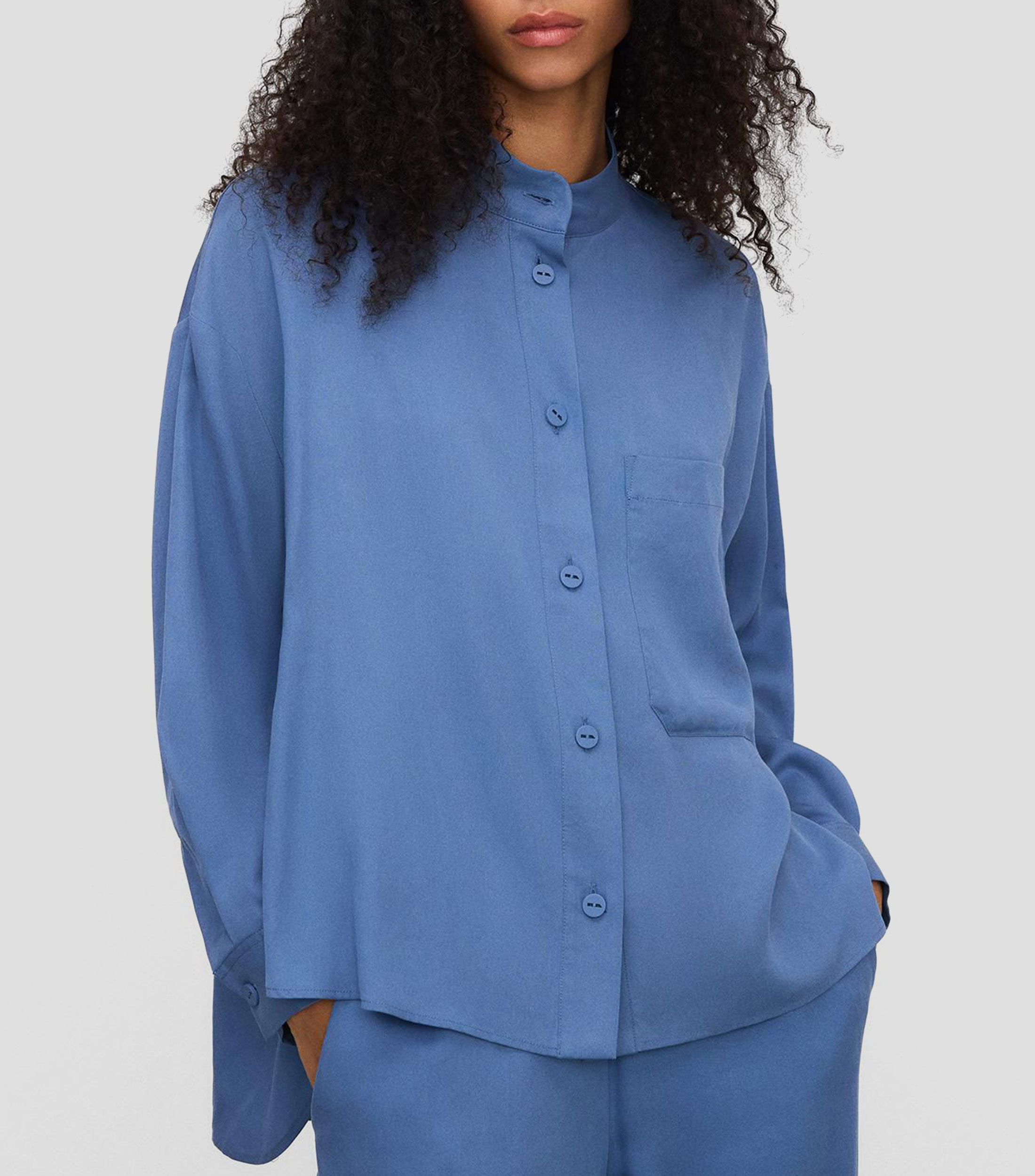 Camisa lisa de cuello mao y manga larga Mujer