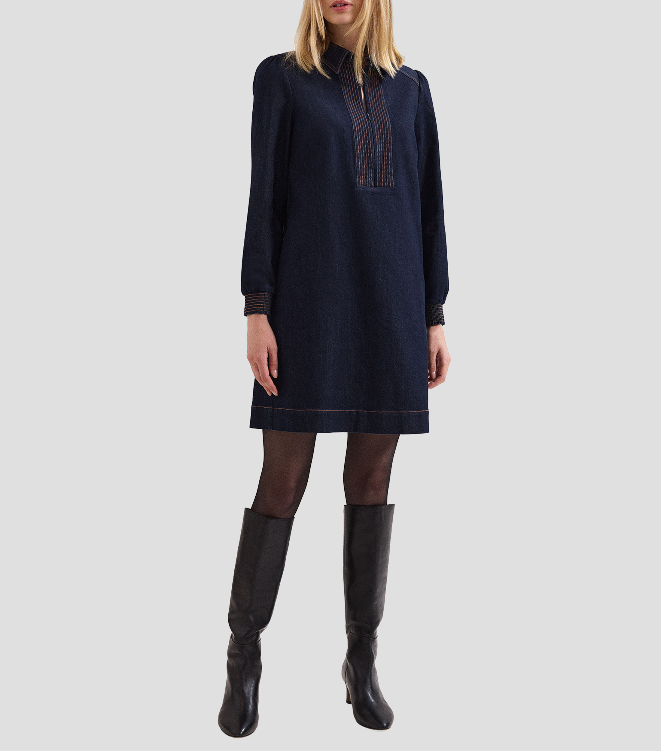 Vestido midi manga larga liso Gabi Demin Mujer