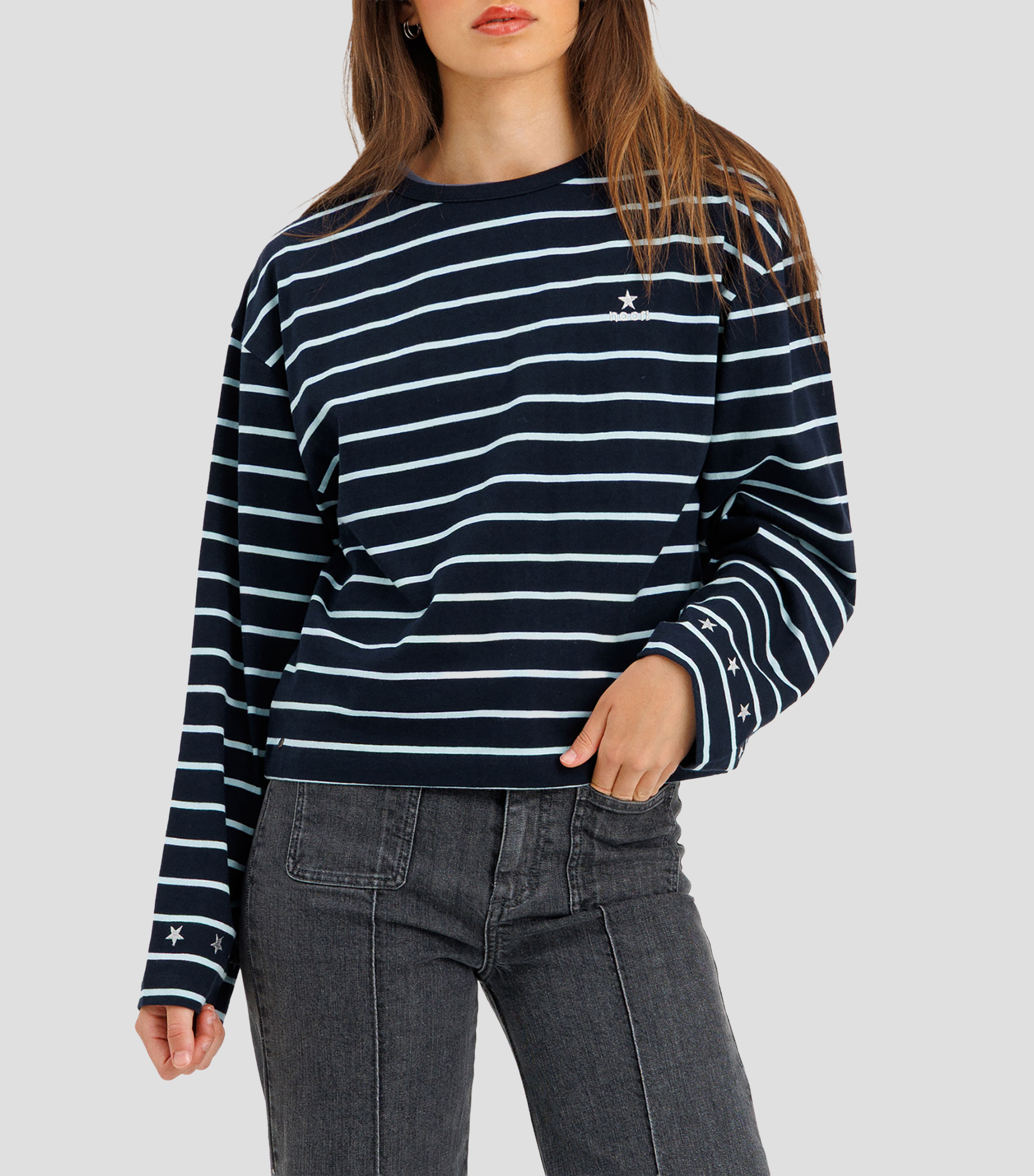 Playera cuello redondo manga larga de rayas Mujer