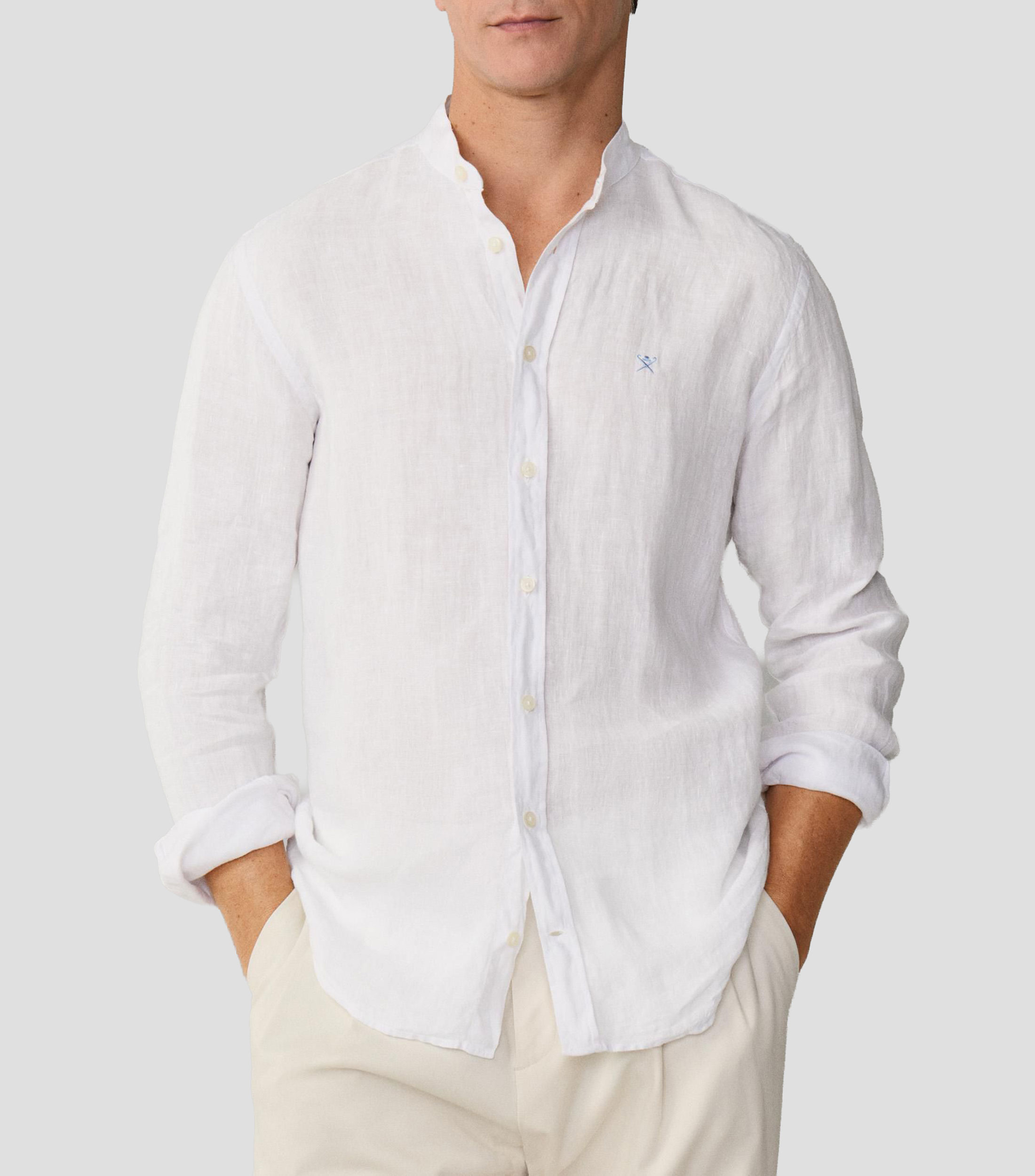 Camisa lisa en lino con cuello mao y manga larga Hombre