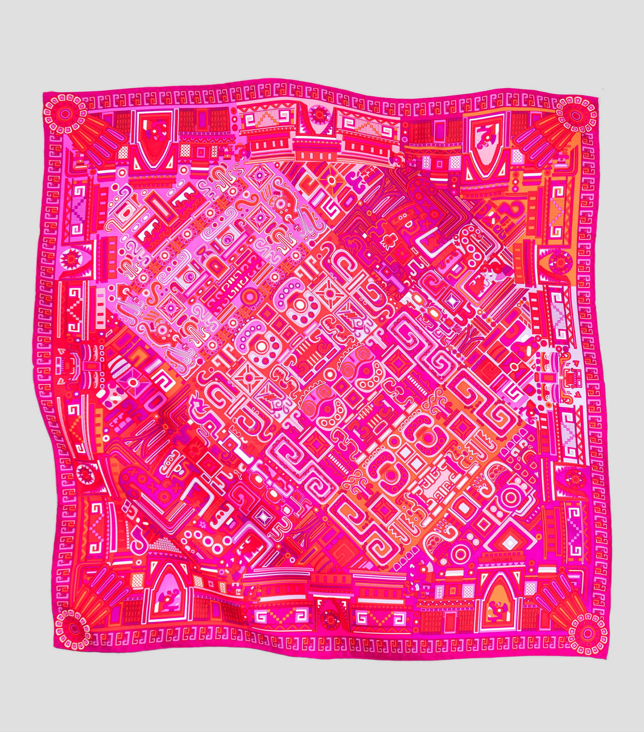 Mascada de seda rosa con decorado prehispánico Mujer