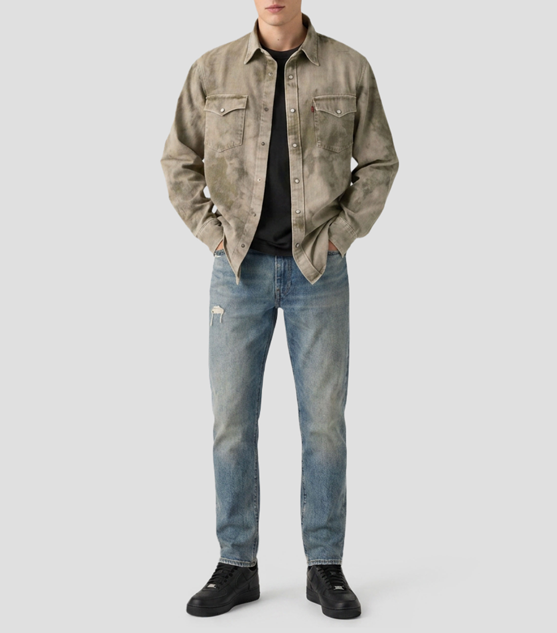 Camisa lisa de mezclilla con manga larga Hombre