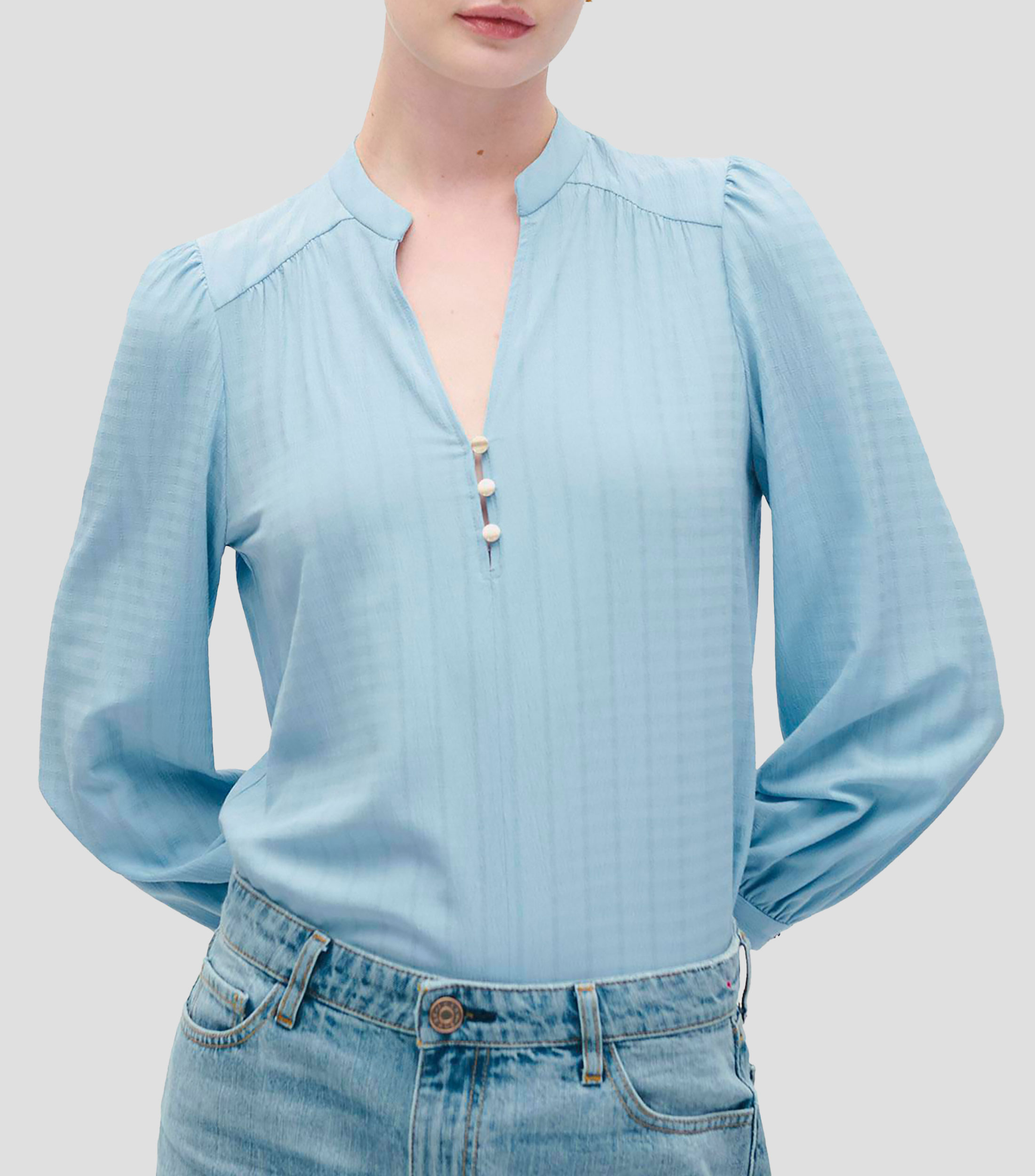 Blusa de Jacquard a Raya Corrugado Azul Aura Cuello Mao Mujer