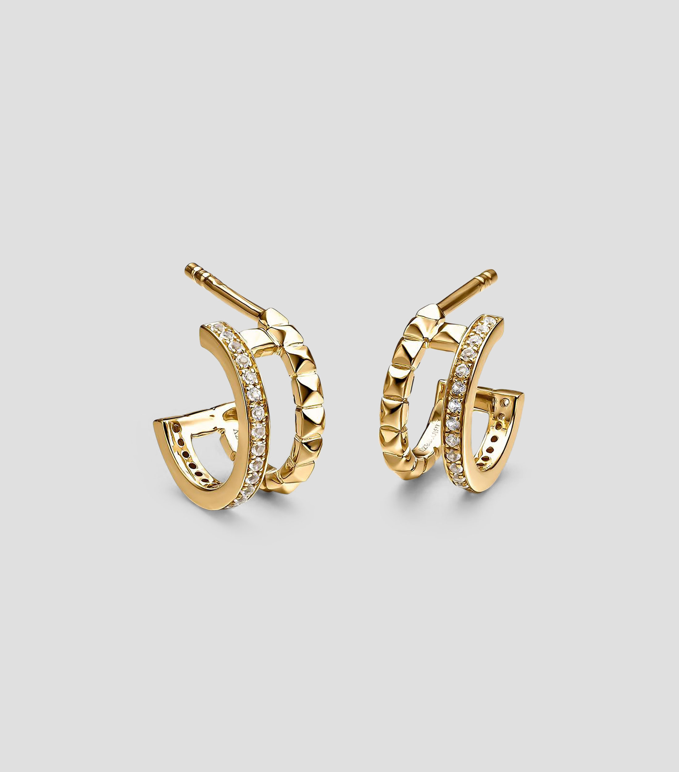 Pendientes pequeños de aro doble en plata .925 con relieve y topacios blancos Rush Mujer