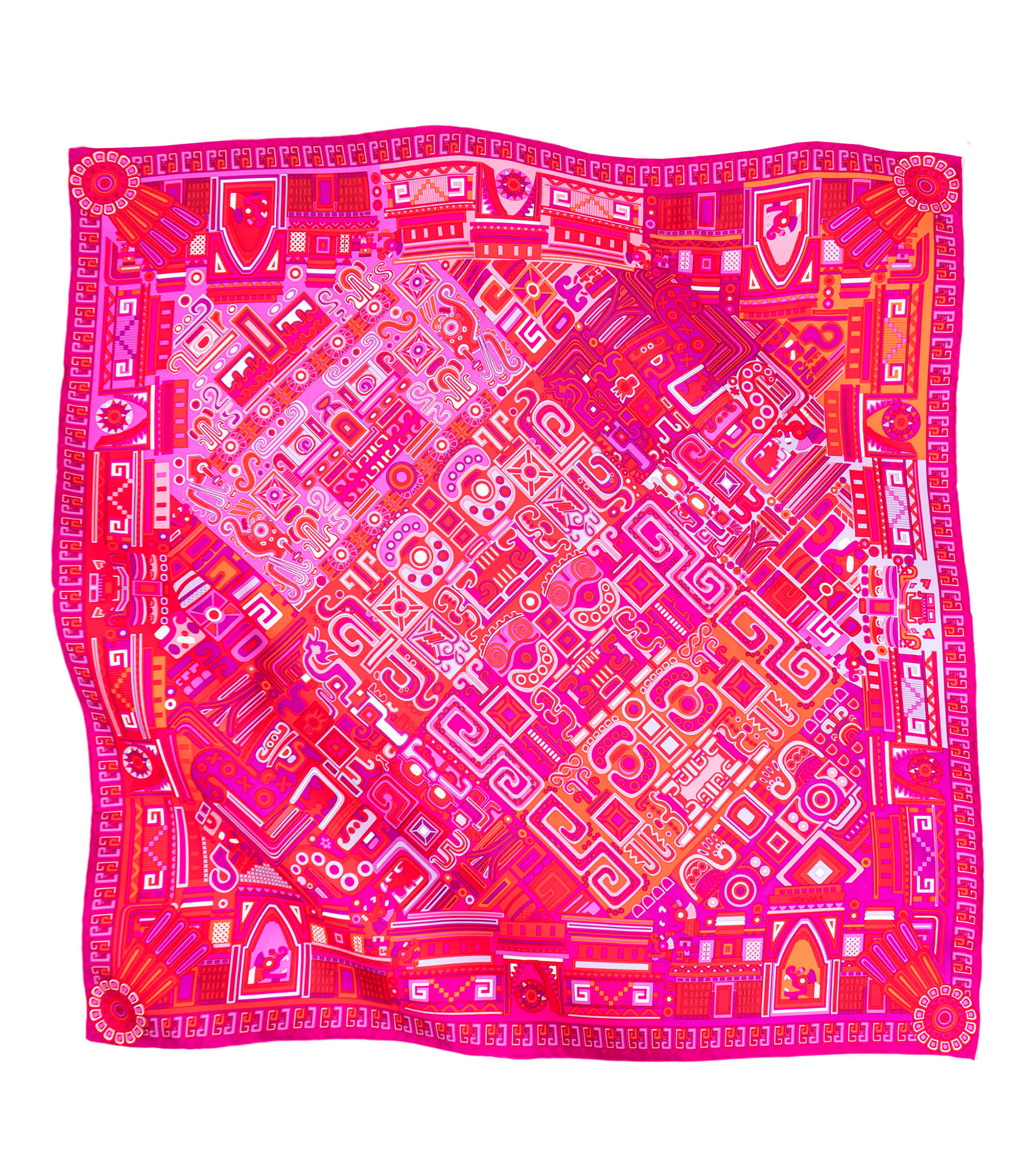 Mascada de seda rosa con decorado prehispánico Mujer