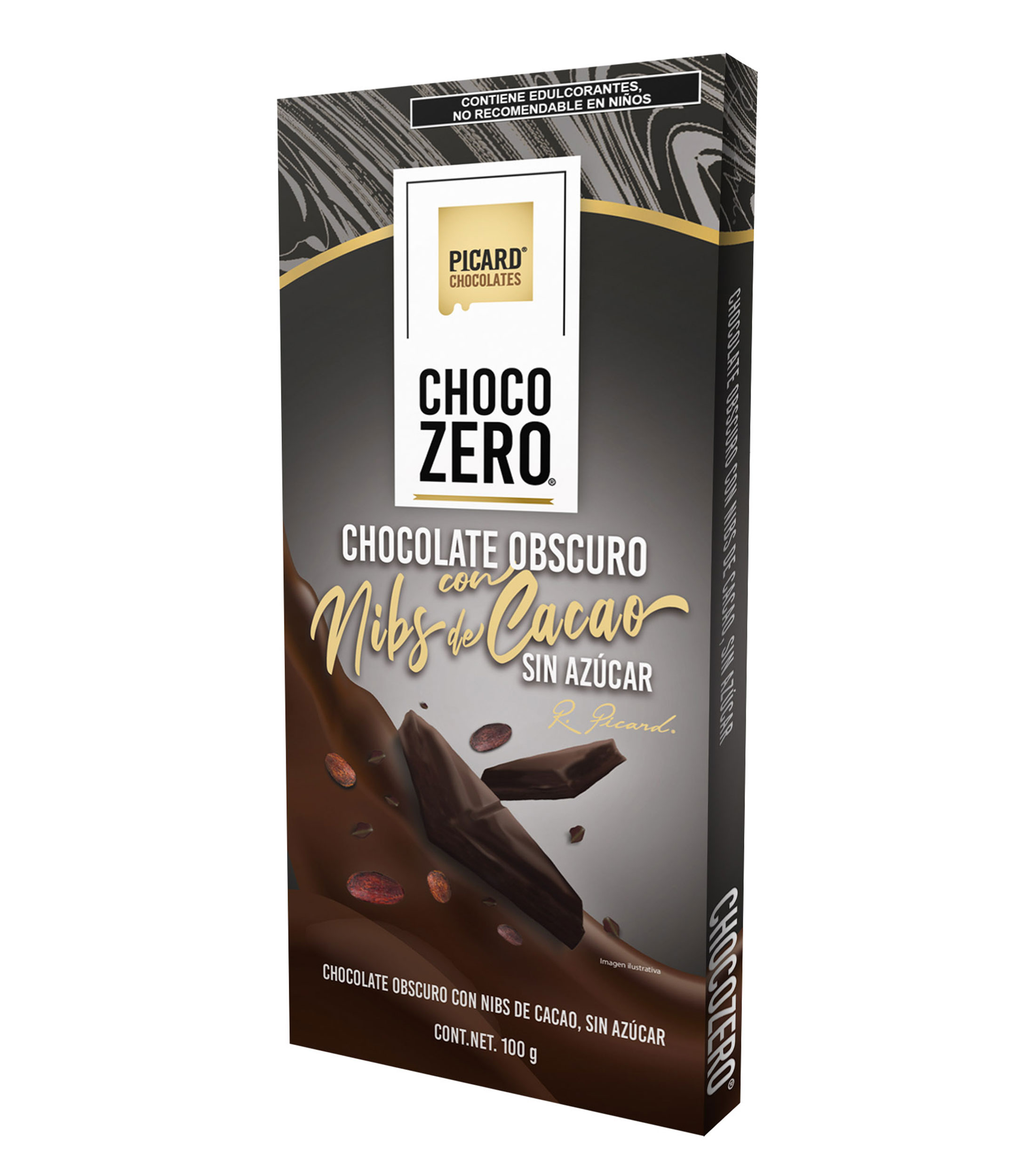 Barra de Chocolate Obscuro con nibs de cacao sin azúcar, 100 gr