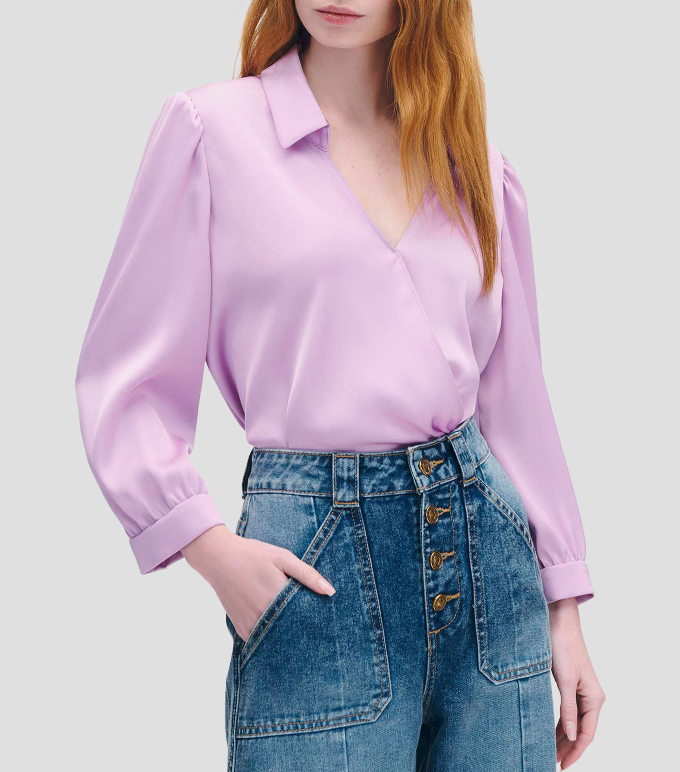 Blusa de Satín Envolvente Lavanda Manga 3/4 Mujer