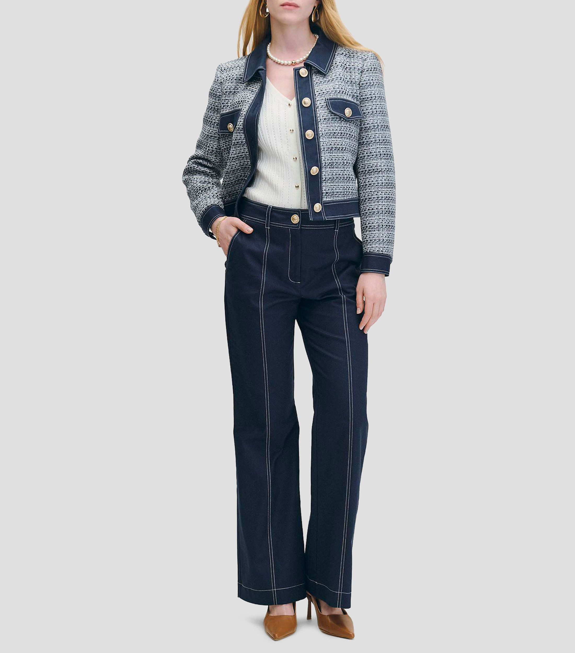 Chaqueta Corta De Tweed Índigo Con Lúrex Detalles Tipo Denim Mujer