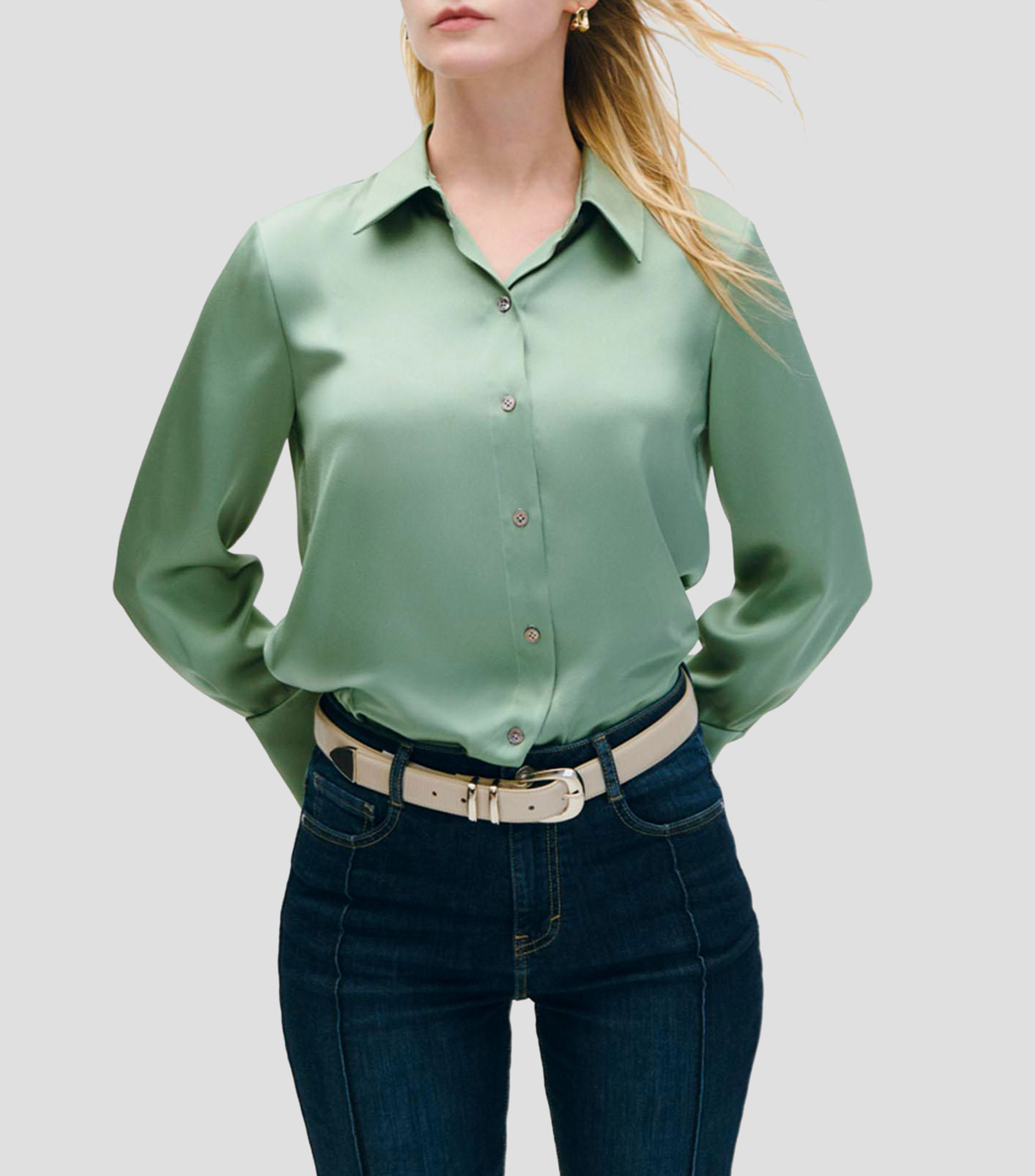 Blusa camisera satín musgo puño francés Mujer