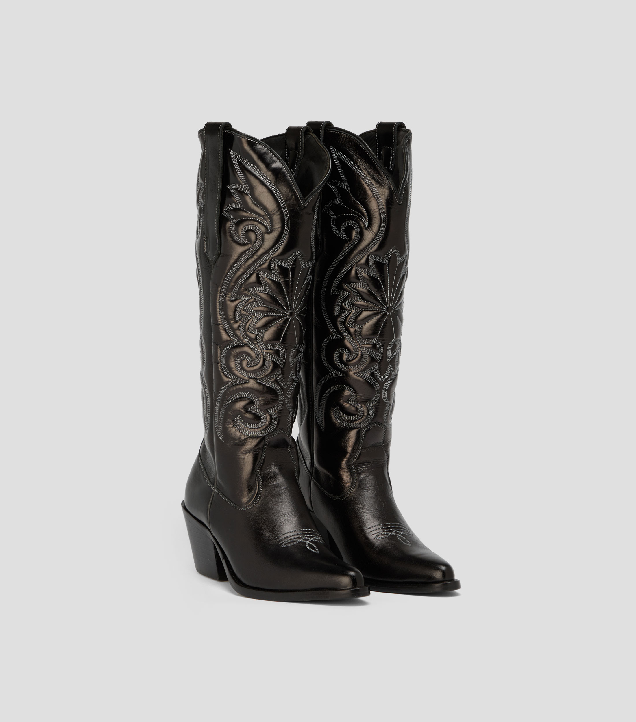 Botas vaqueras altas en piel con tacón medio ancho Mujer