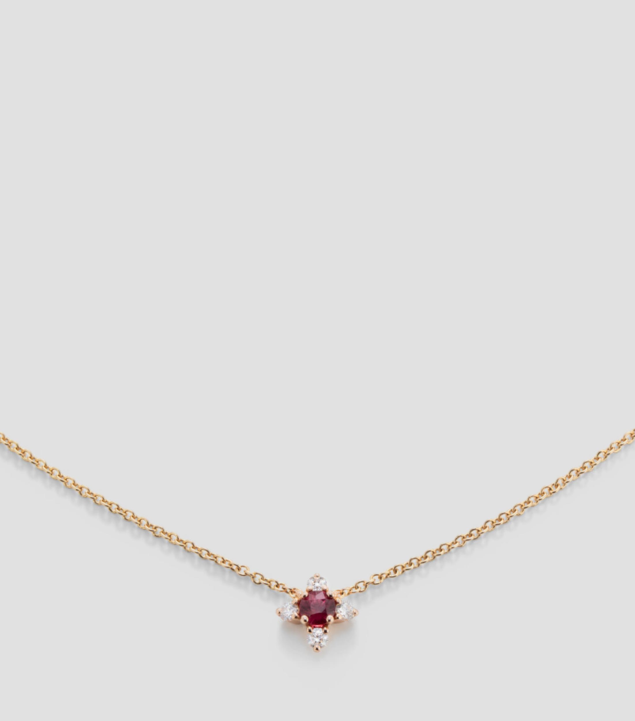 Colgante cadena flor de oro rosa de 18K con rubí y diamantes