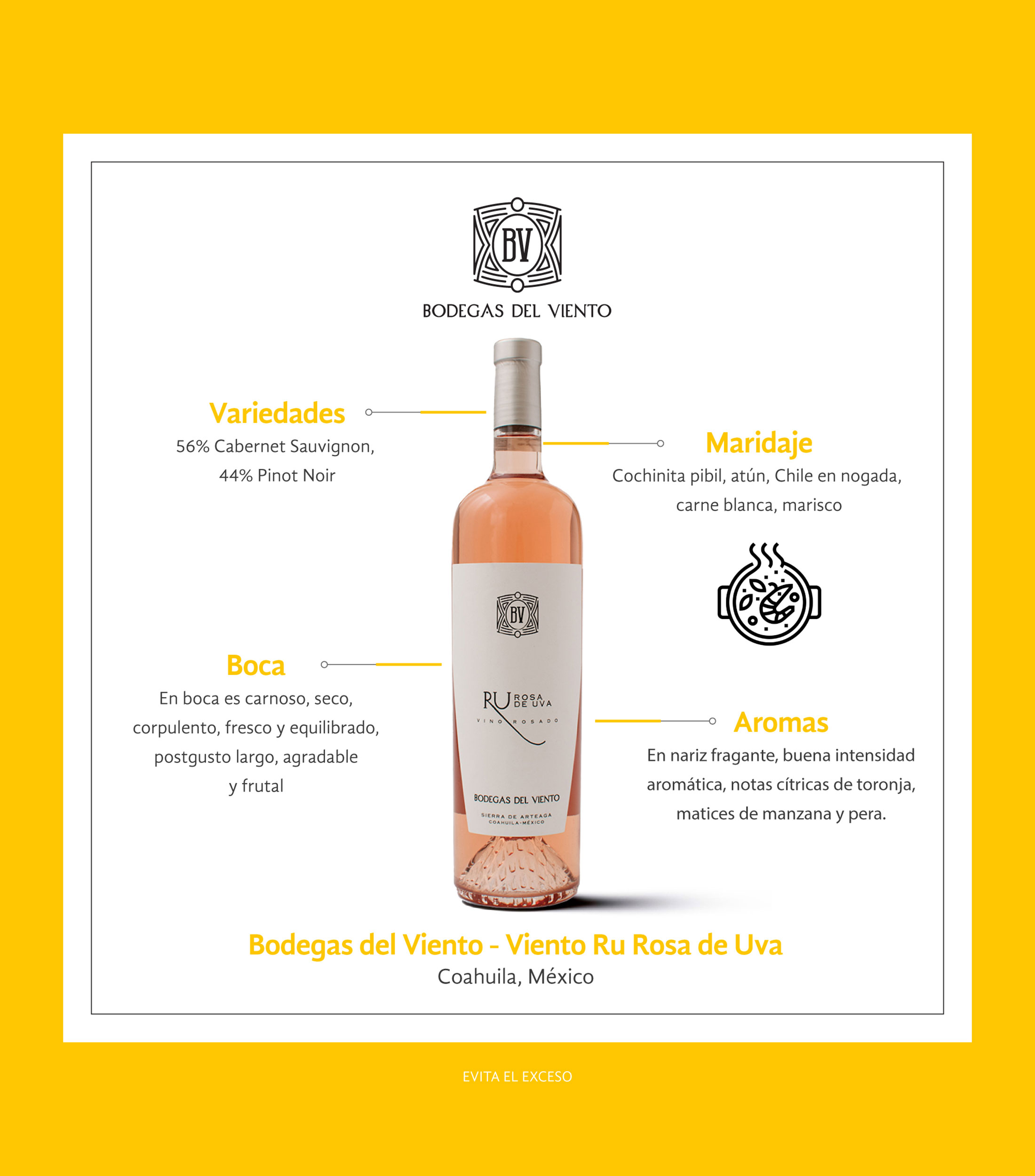 Vino rosado Pinot Noir Ru Rosa de uva, México, 750 ml