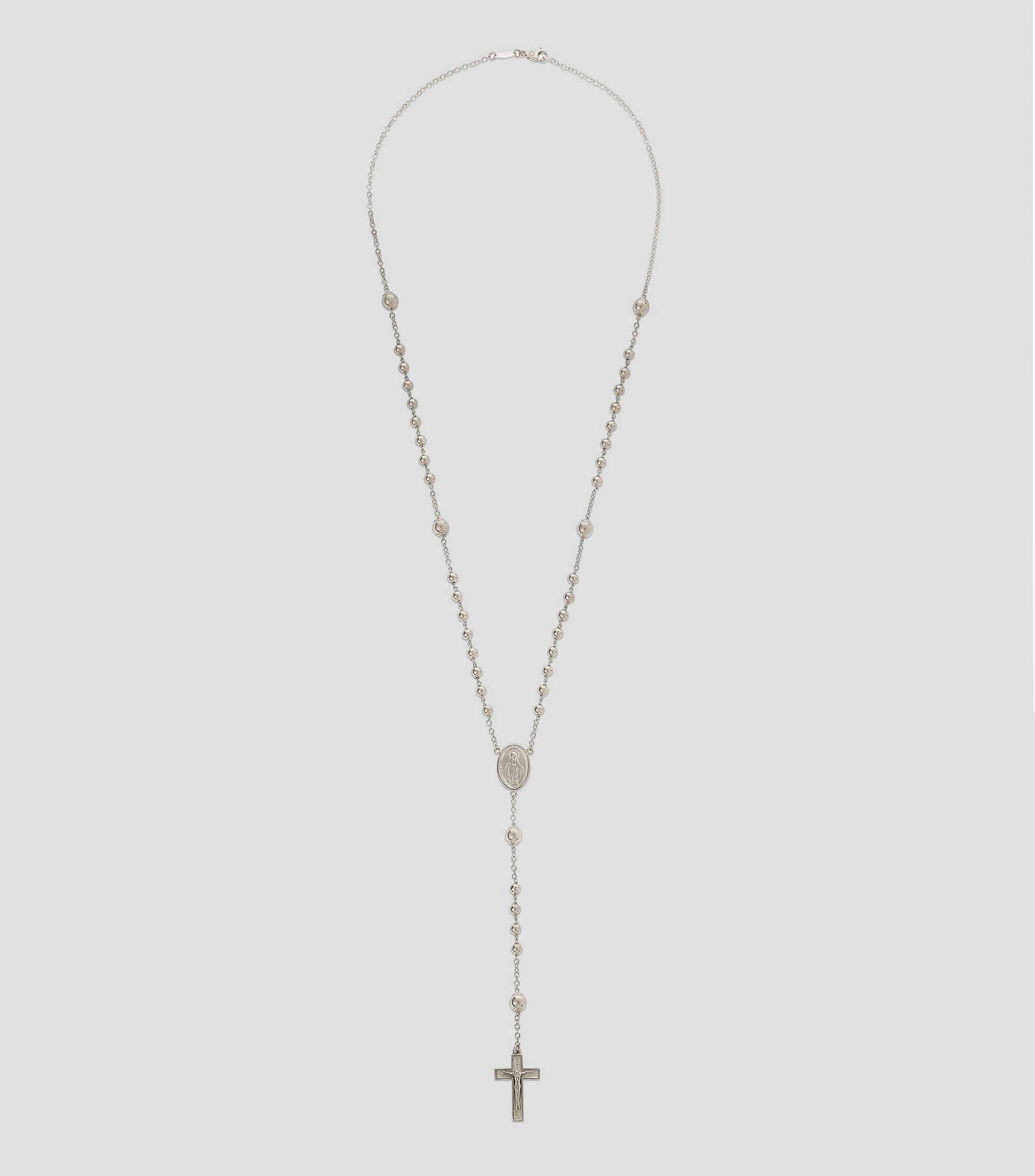 Collar con cruz en Oro blanco de 18 Kilates estilo rosario con cuentas esféricas y medalla de la Virgen Sicily Hombre