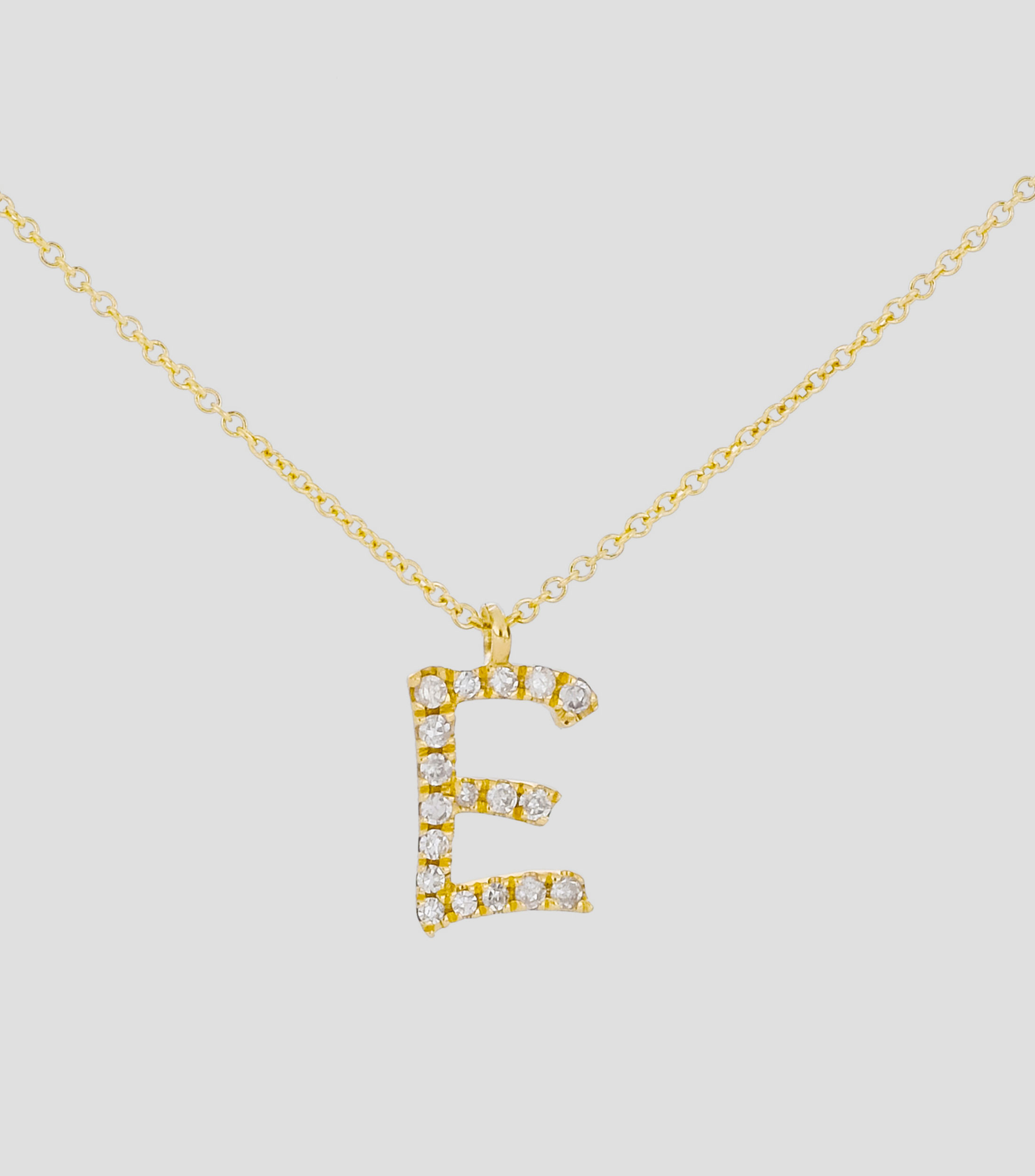 Dije en letra "E" y cadena en Oro amarillo 14 Kts Mujer