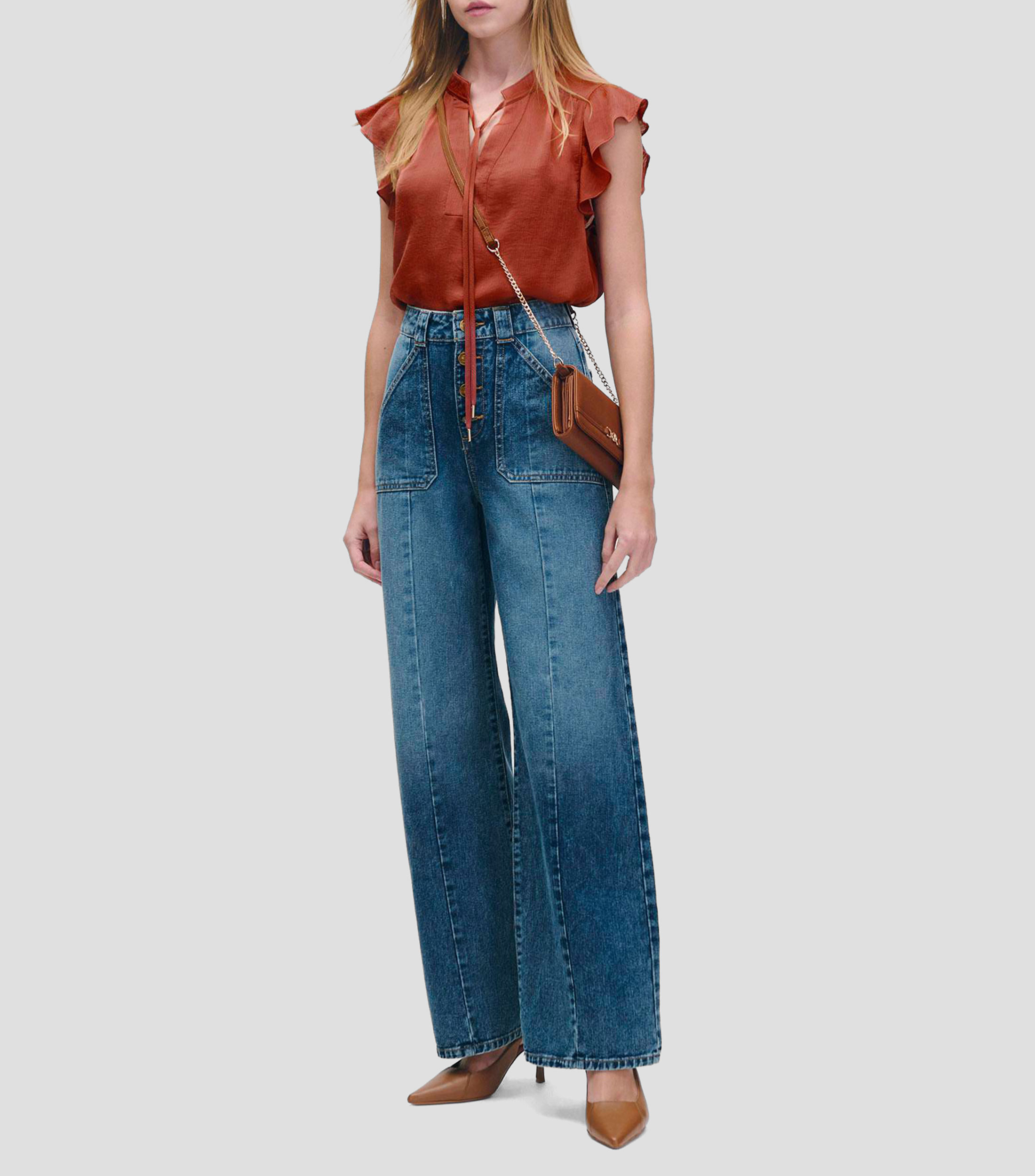 Blusa De Satín Marrón Efecto Corrugado Manga Escarola Mujer