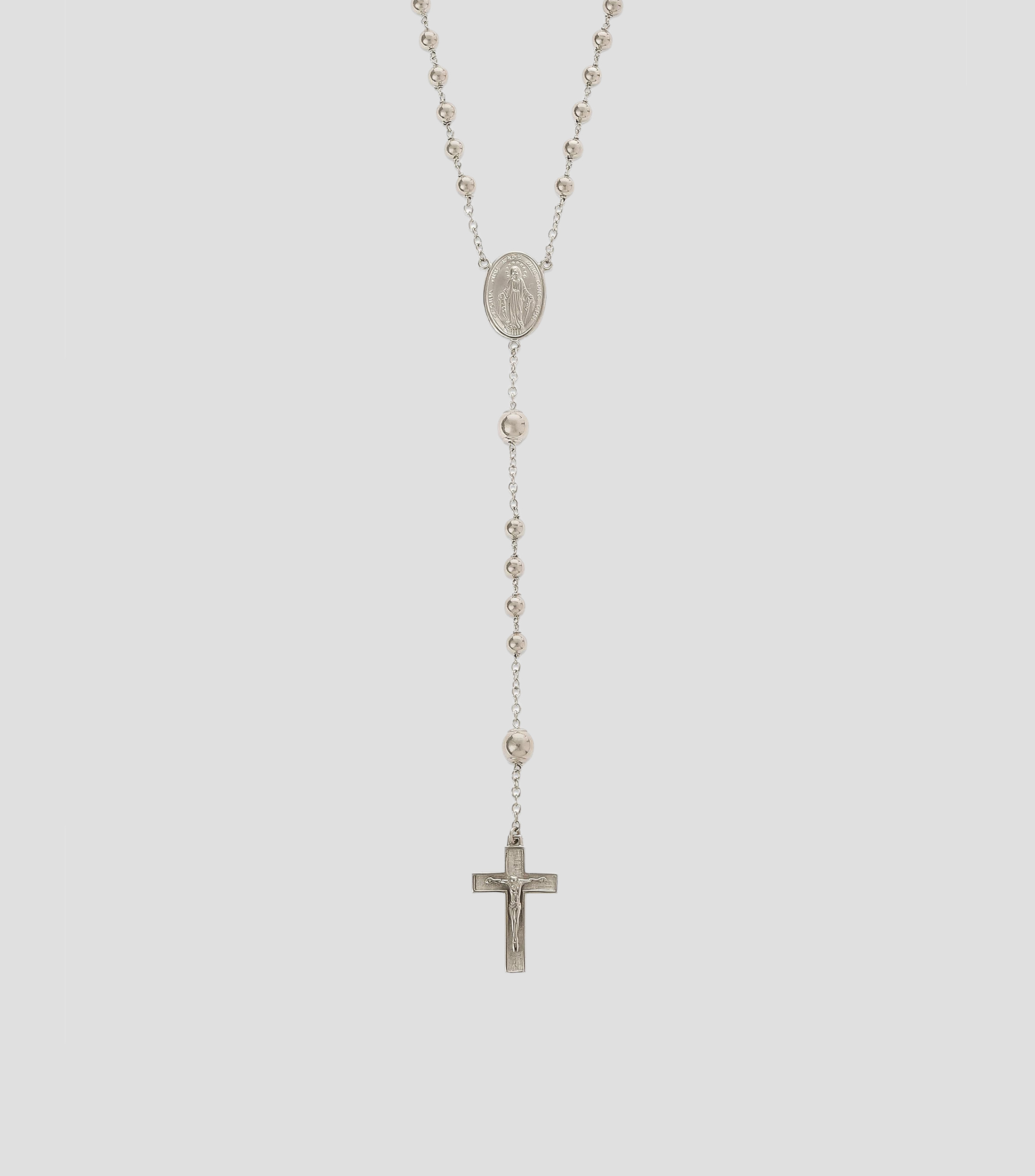 Collar con cruz en Oro blanco de 18 Kilates estilo rosario con cuentas esféricas y medalla de la Virgen Sicily Hombre