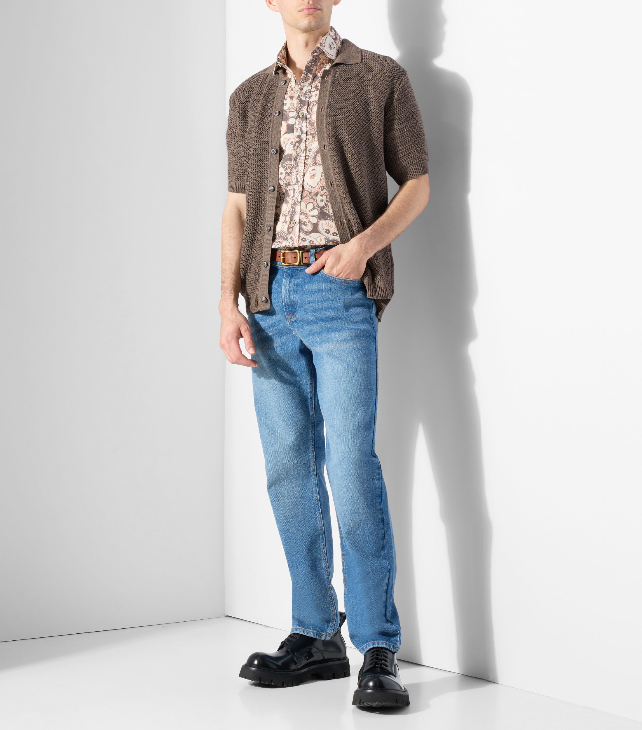 Camisa estampada en lino con manga corta Hombre