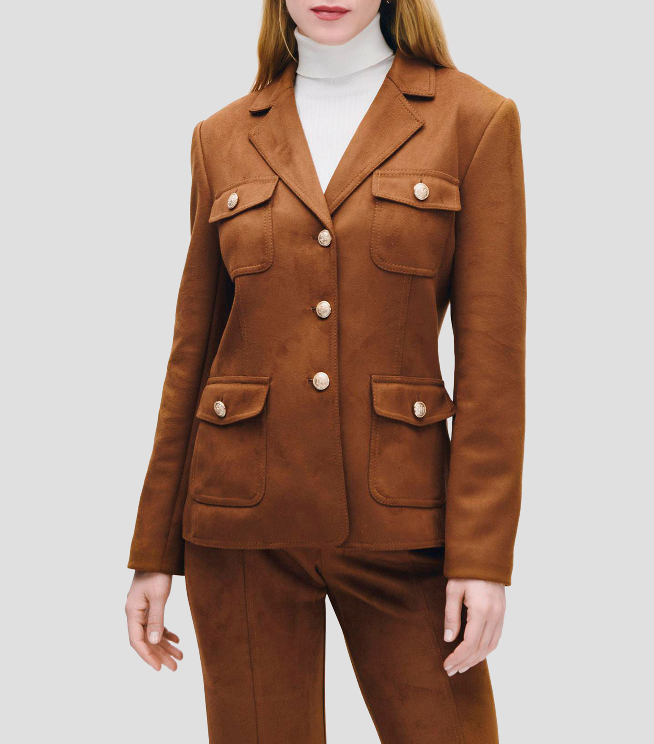 Blazer De Suede Multibolsillos Mujer