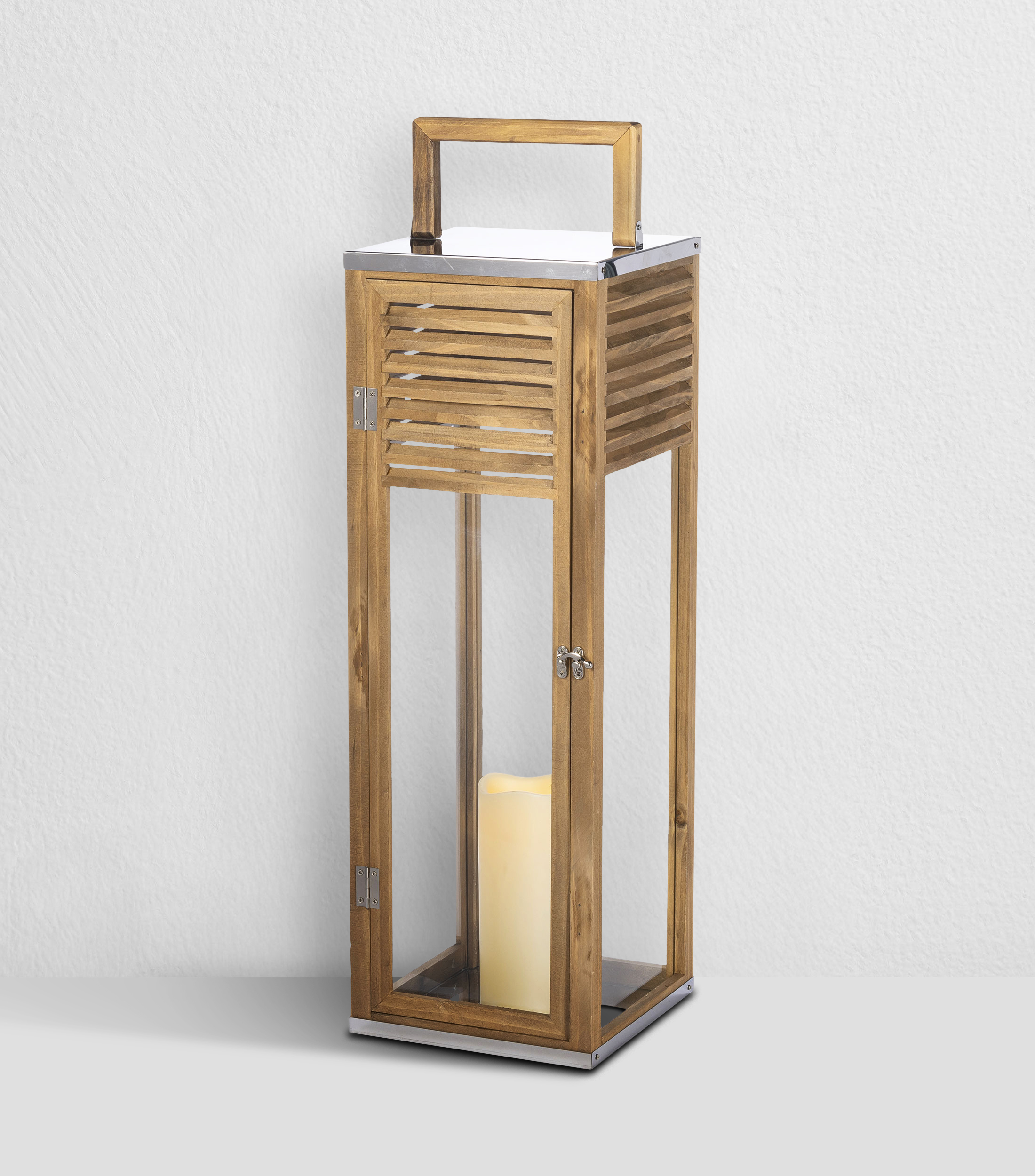 Linterna grande de madera con vela LED