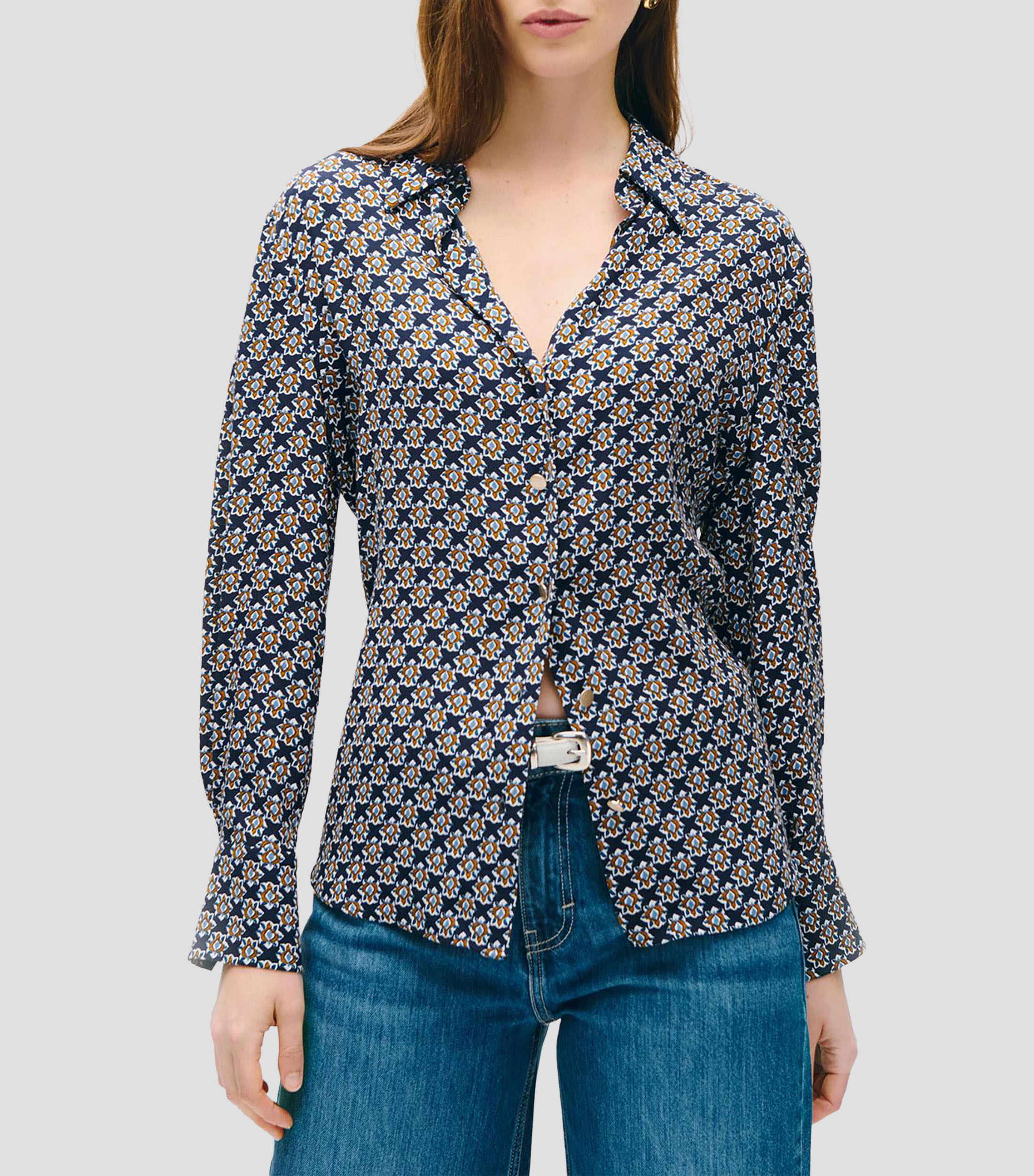 Blusa Camisera Marino Estampado Ornamental Mujer