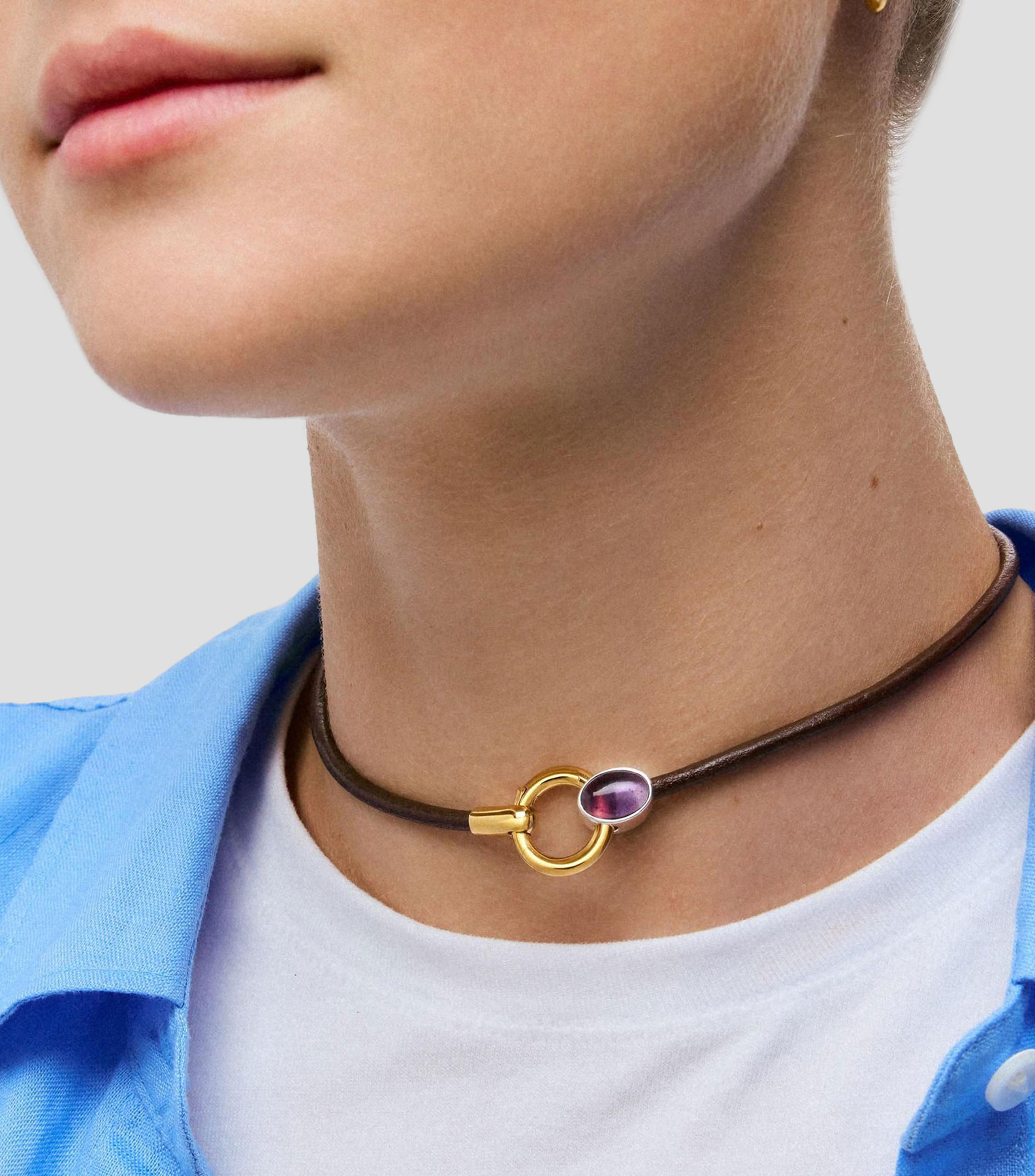 Collar Ovalado en Plata .925 y Baño de oro de 18 Kilates con Amatista Gem Power Mujer