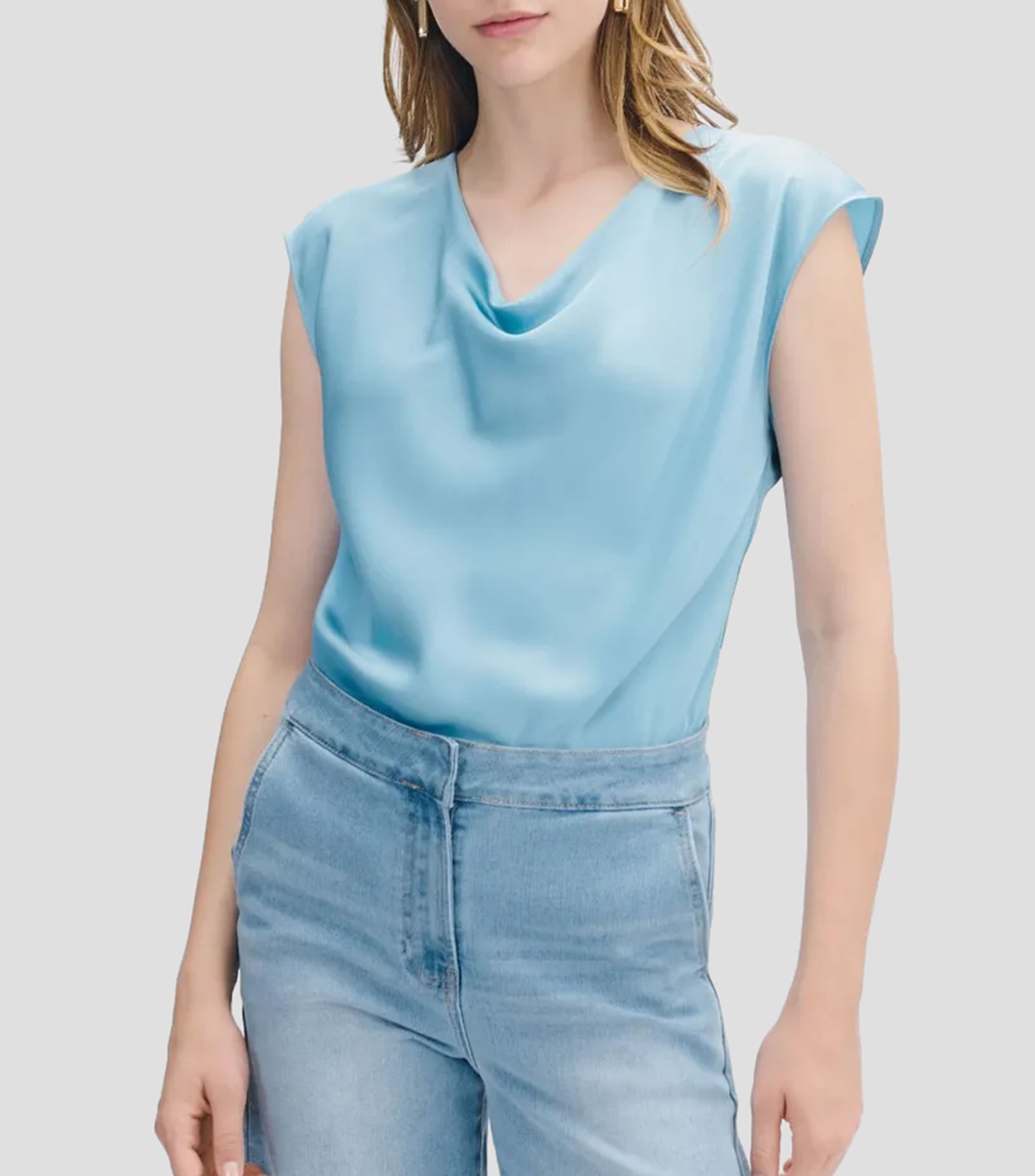 Blusa de satín escote drapeado azul azulino Mujer