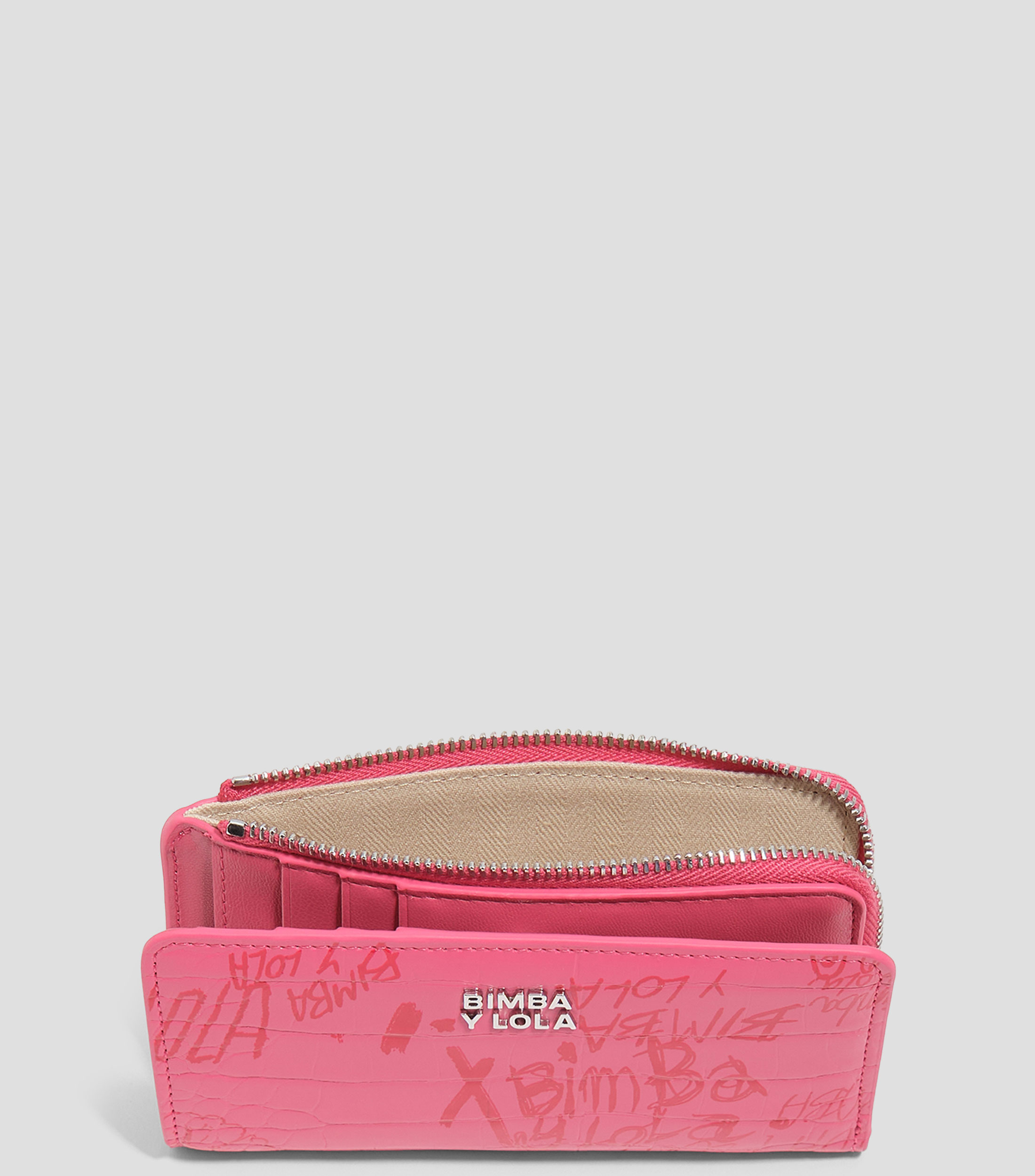 Cartera compacta textura brillo print Bimba logos rosa baya Mujer