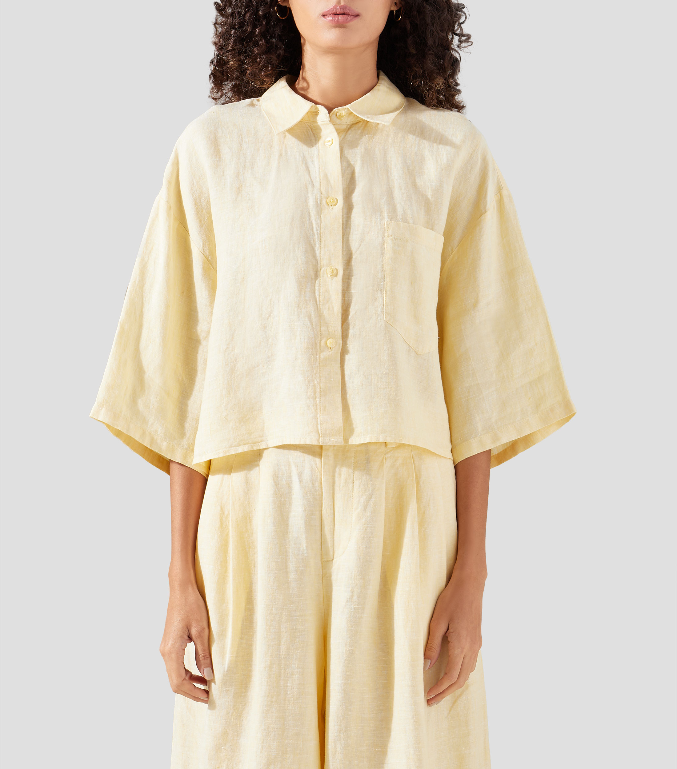 Camisa lisa de lino manga 3/4 Mujer