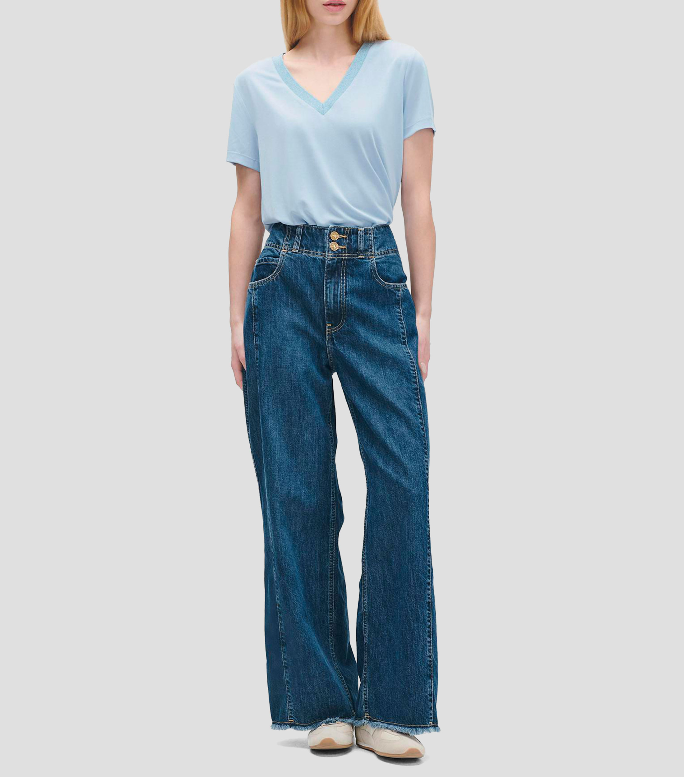 Blusa de punto tipo camiseta escote con lúrex Mujer