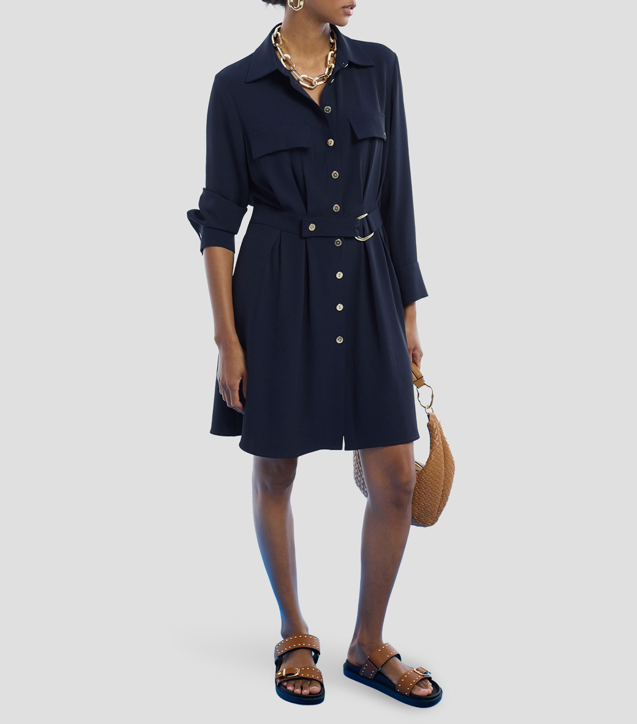 Vestido midi manga larga liso Mujer