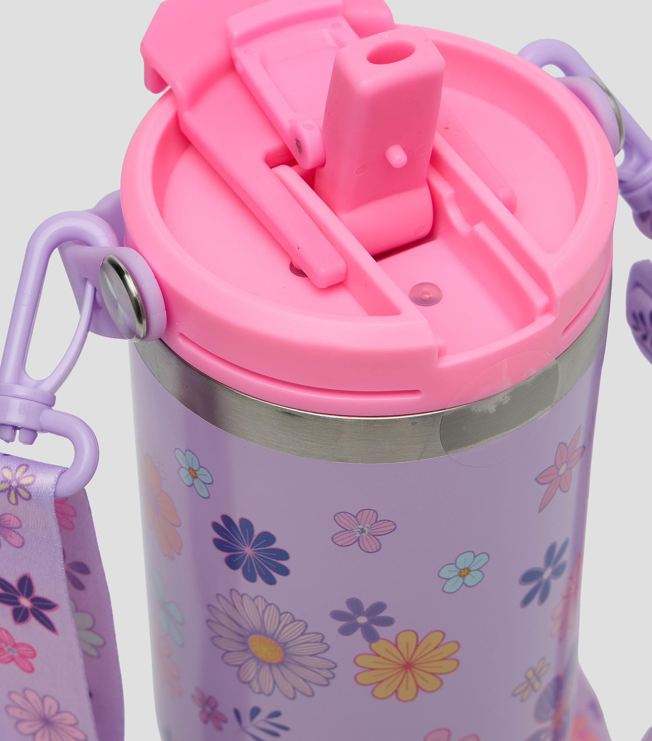 Termo con flores con popote en acero inoxidable, 887 ml