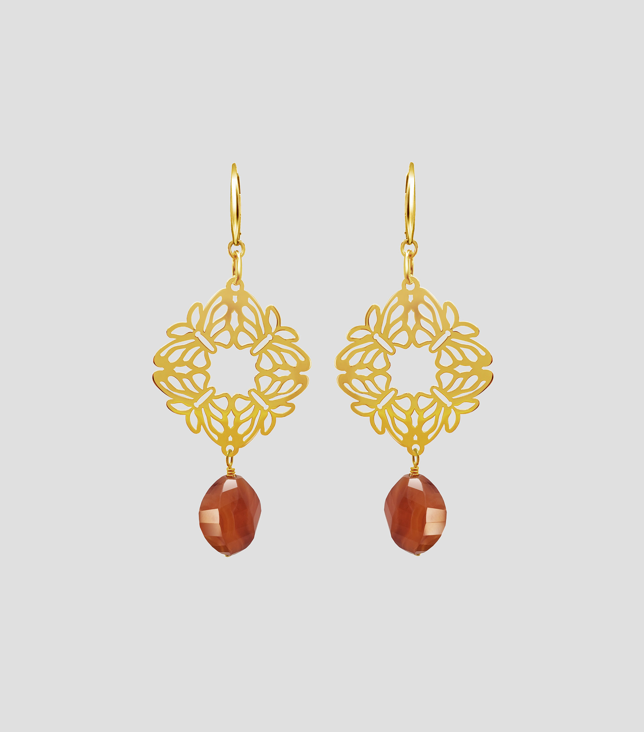 Aretes en Plata .925 con 4 Mariposas e Incrustacion de Cornalina Mujer