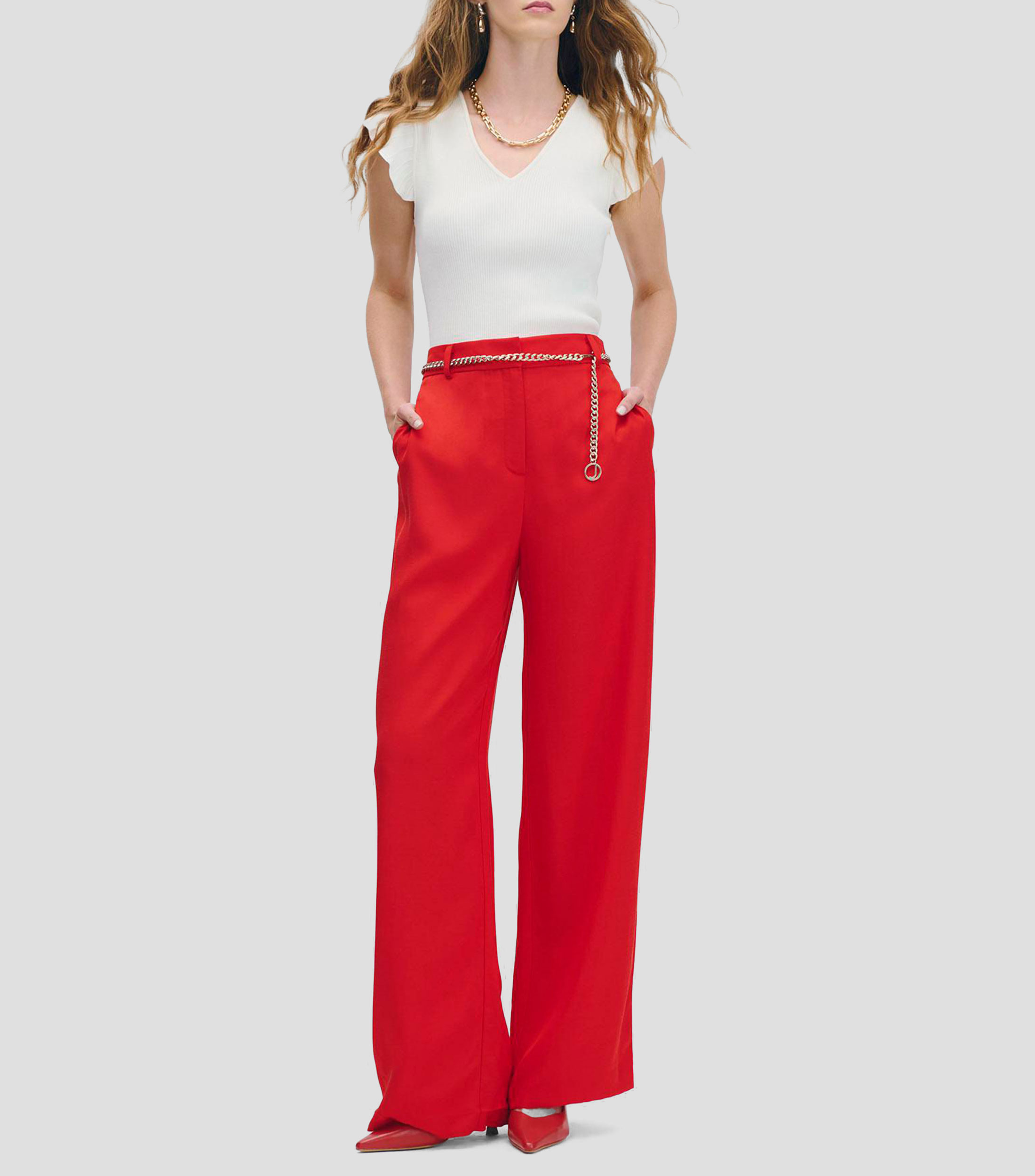 Pantalón wideleg tiro alto de lino rojo con cadena Mujer