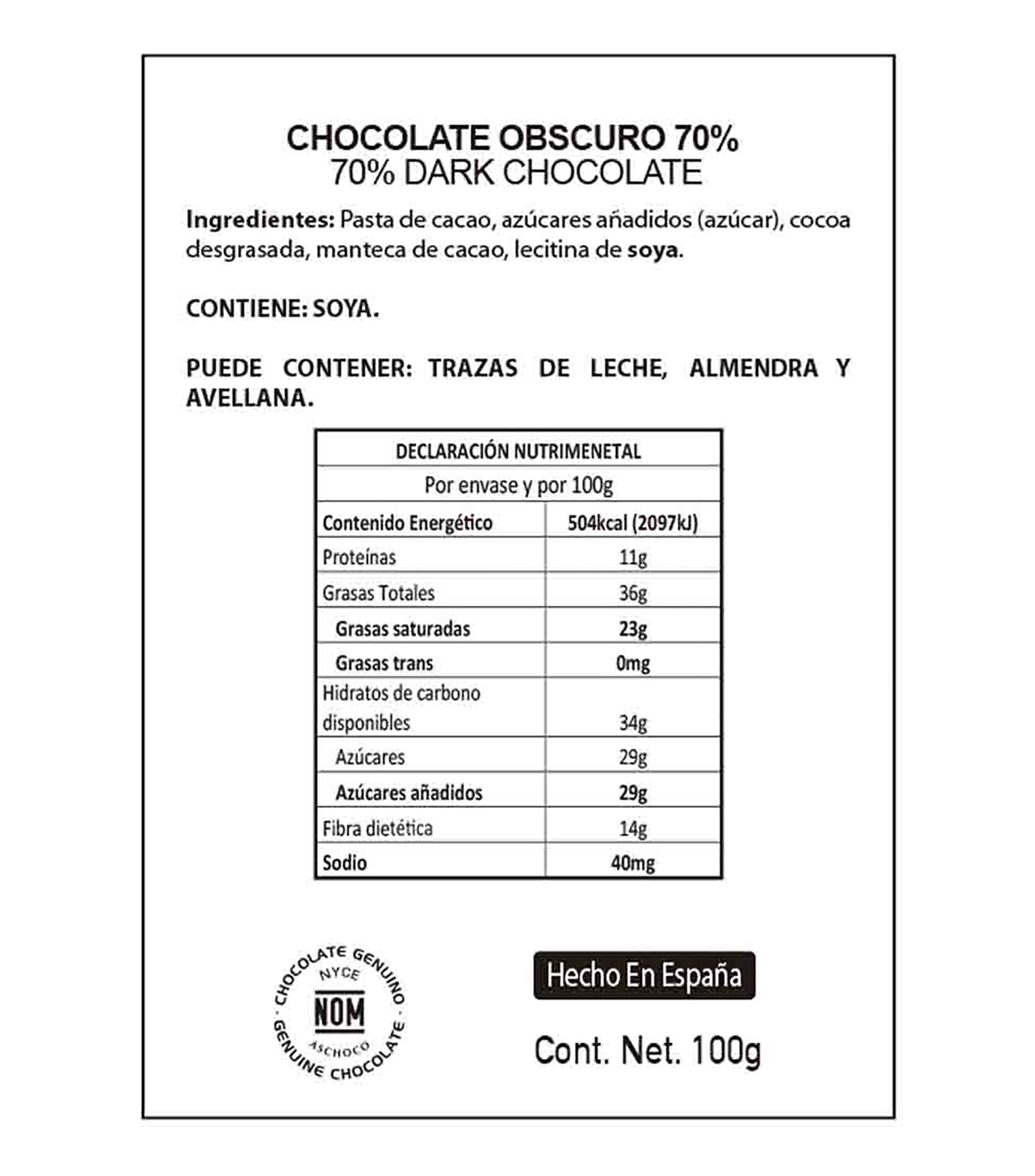 Chocolate Amargo 70 Dark, 100 g