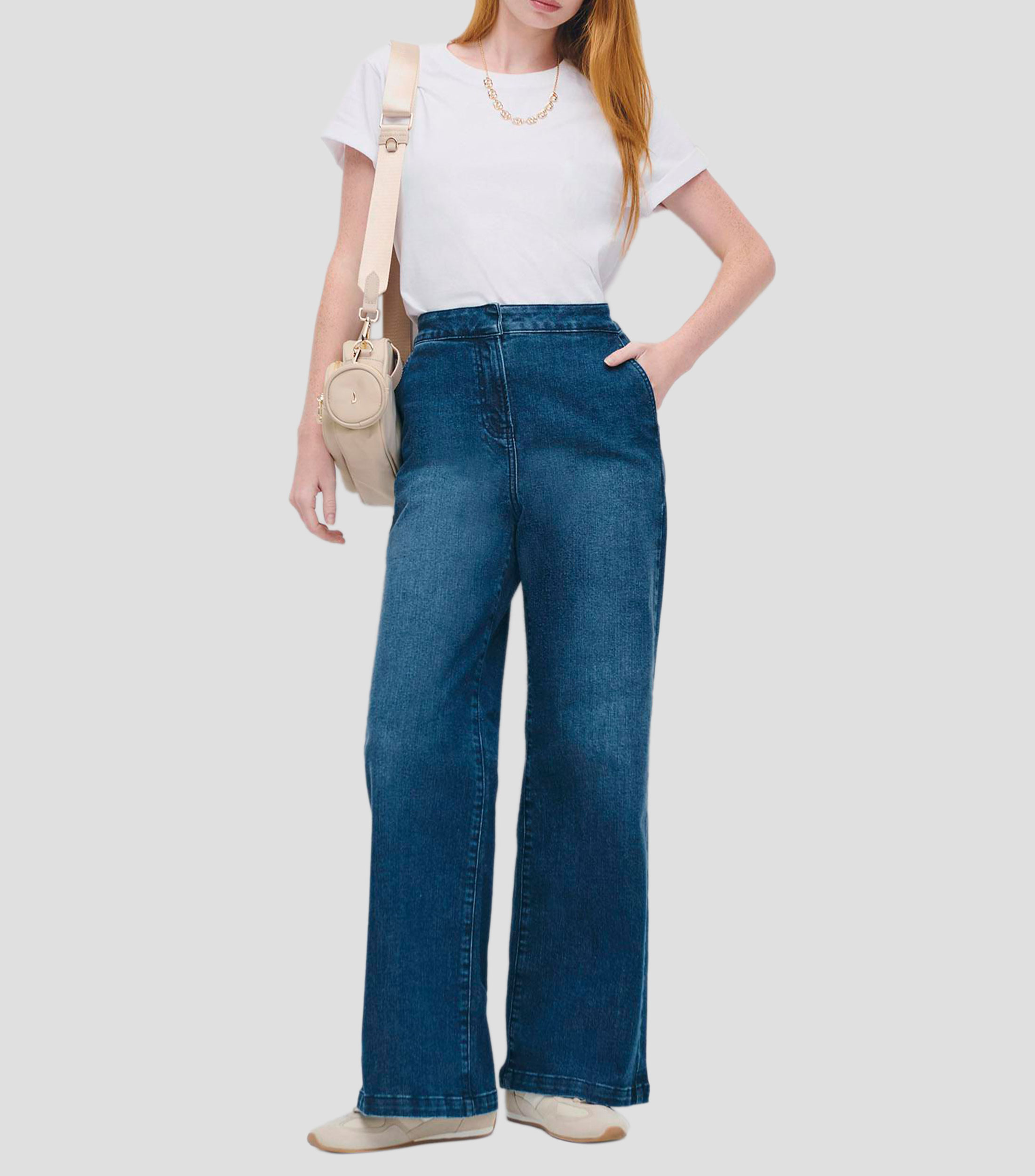 Jeans Wide Leg Tiro Alto Deslavado Bolsillos Diagonales Mujer
