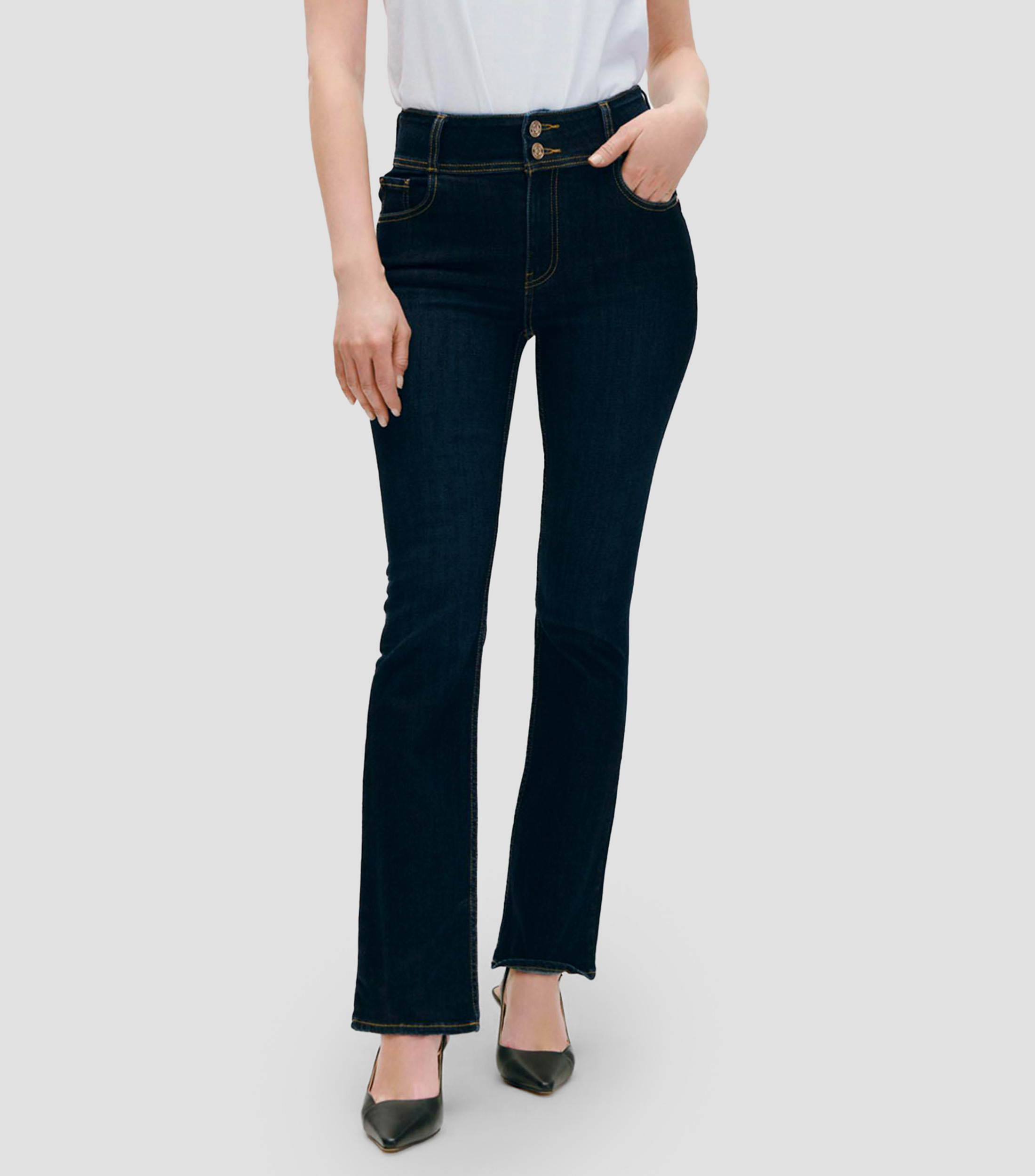 Jeans Acampanados Tiro Alto Pretina Ancha Mujer