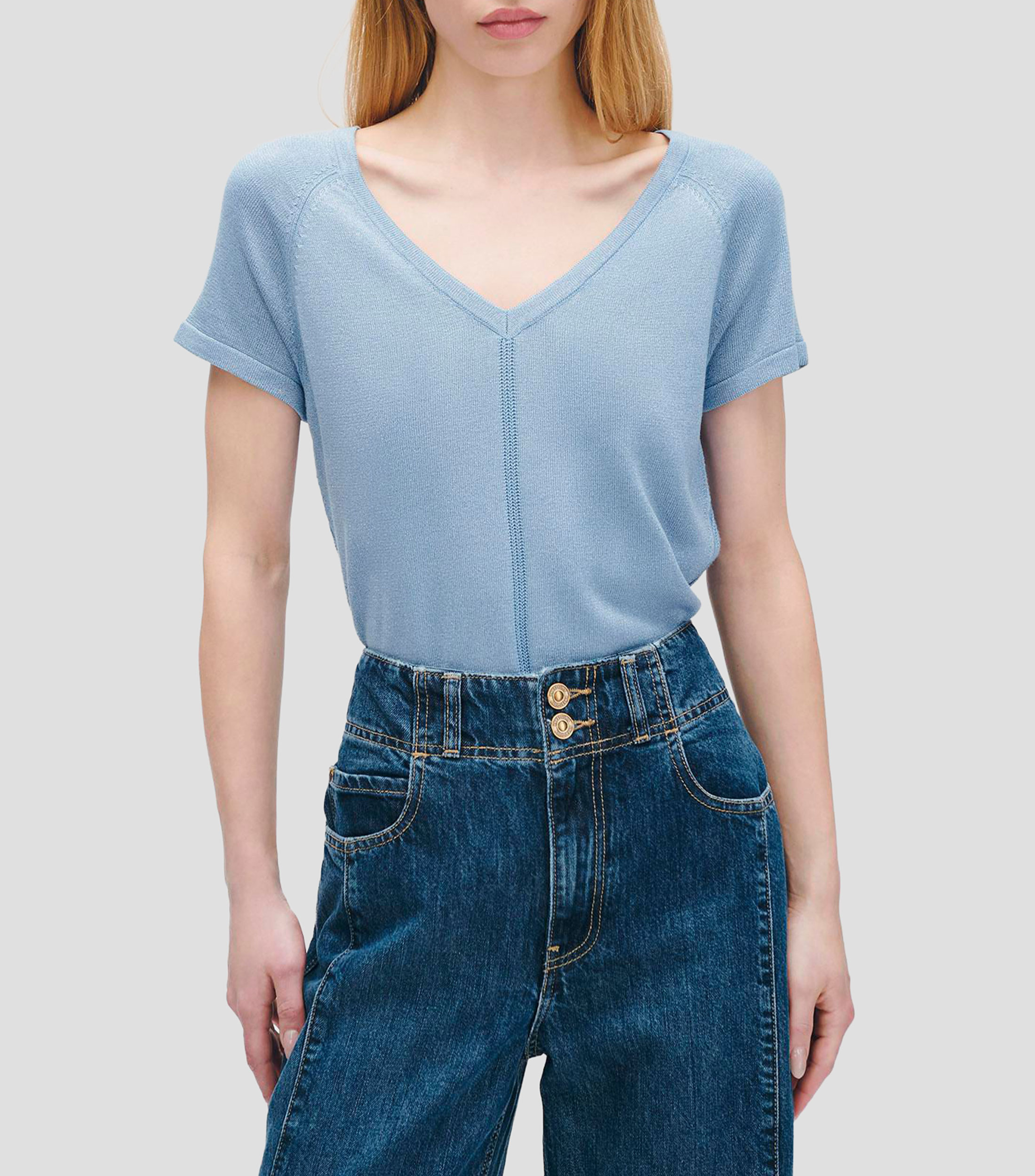 Blusa Tejido Combinado Azul Azulino con Lúrex Escote V Mujer
