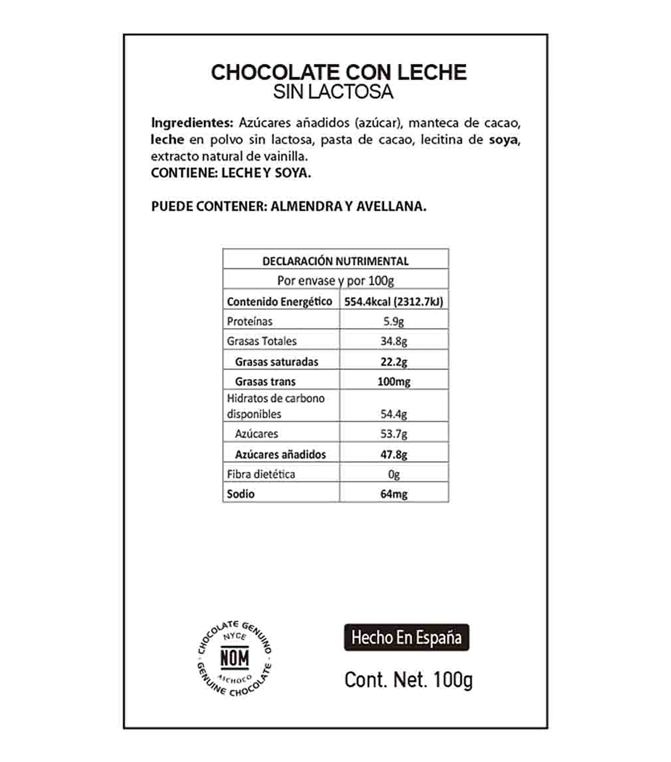 Chocolate con Leche sin Azucar, 100 g